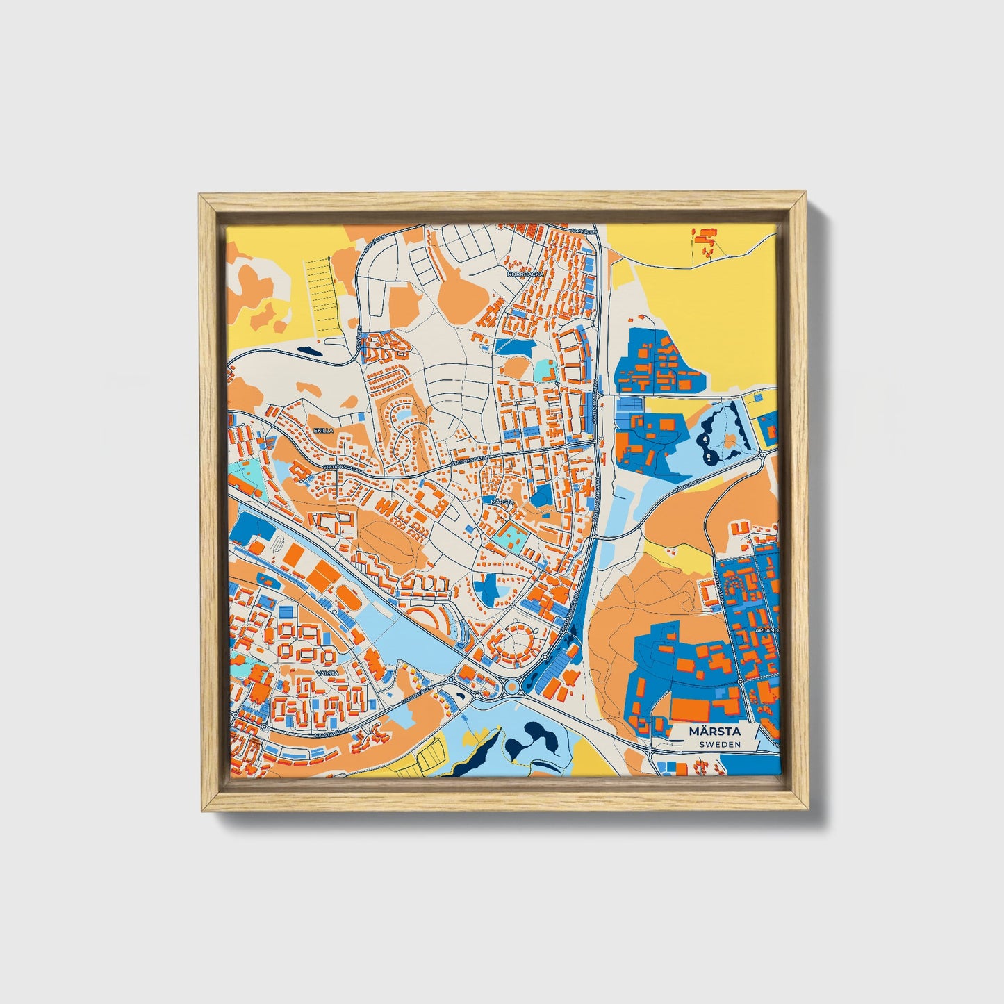 Märsta Sweden Colorful City Map Canvas Print • Natural Wooden Framed