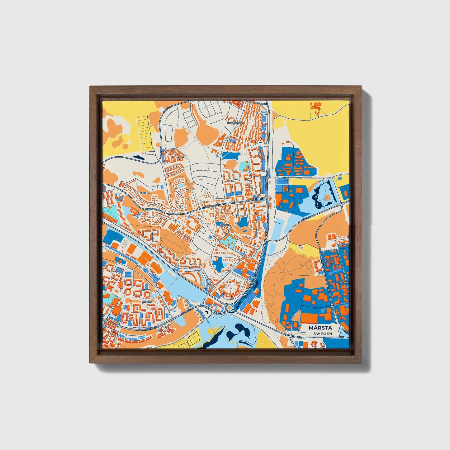 Märsta Sweden Colorful City Map Canvas Print • Dark Wooden Framed