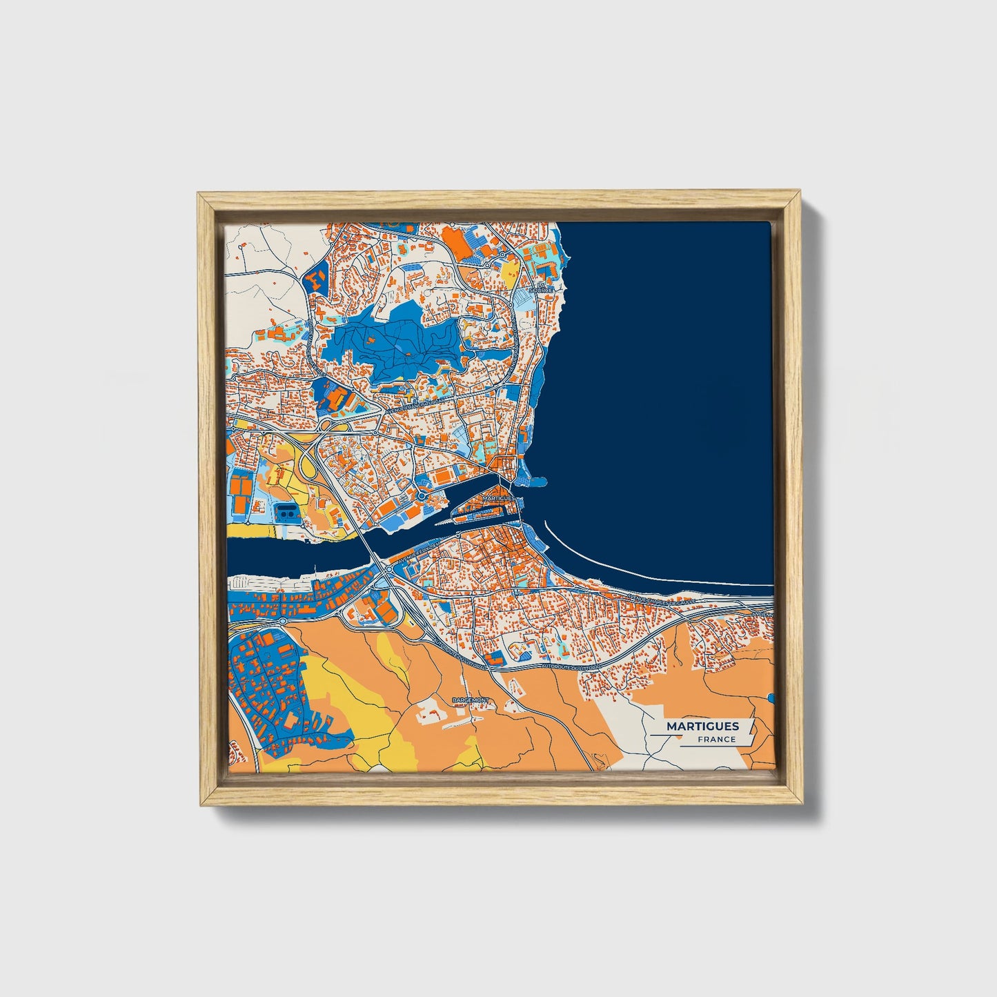 Martigues France Colorful City Map Canvas Print • Natural Wooden Framed