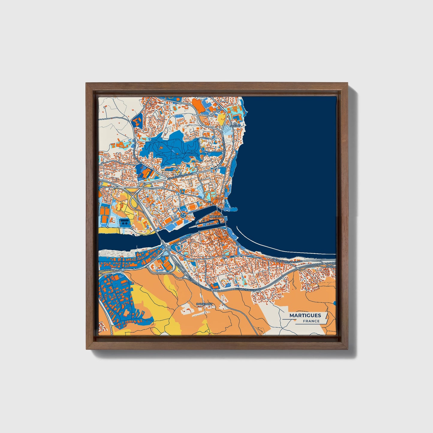 Martigues France Colorful City Map Canvas Print • Dark Wooden Framed