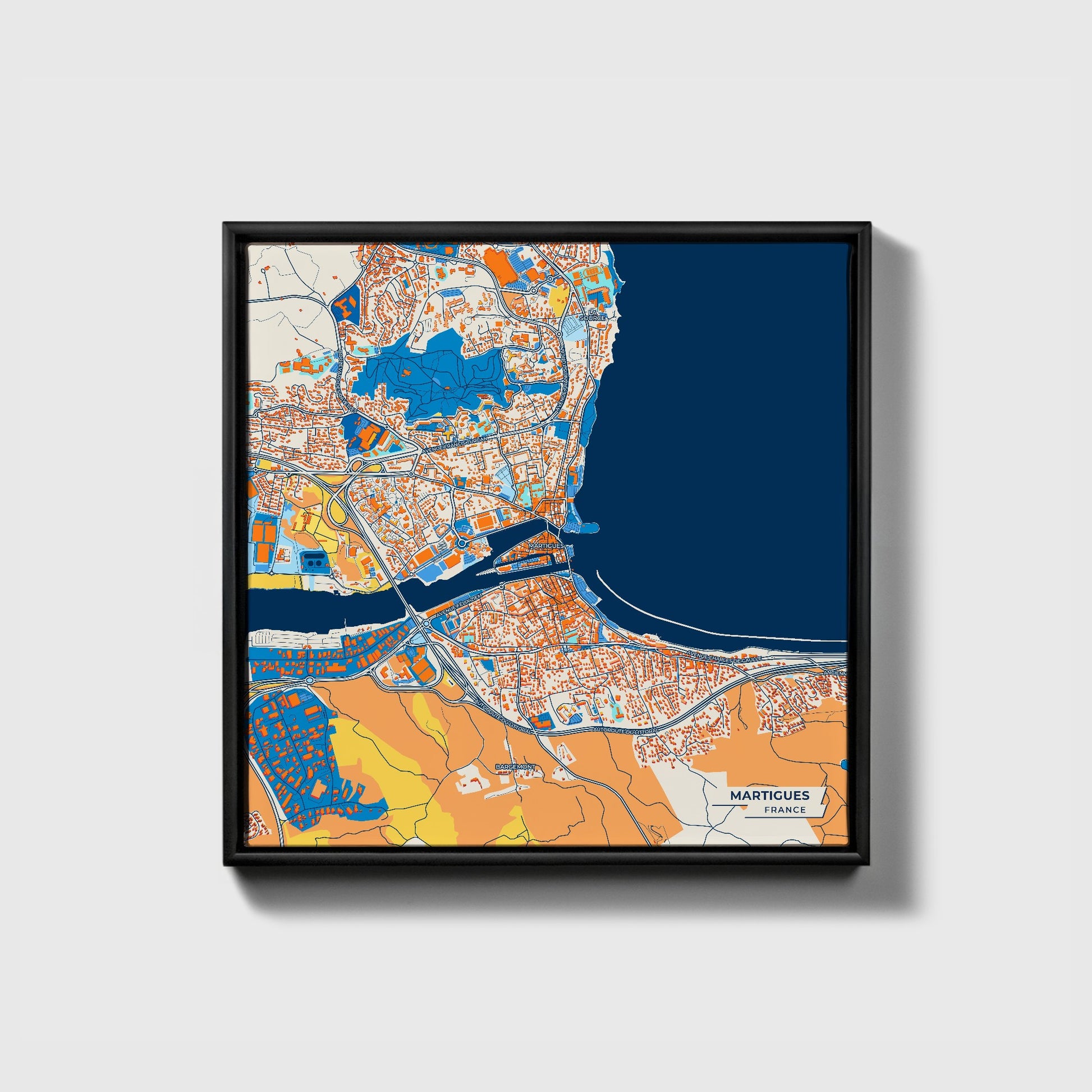 Martigues France Colorful City Map Canvas Print • Black Framed