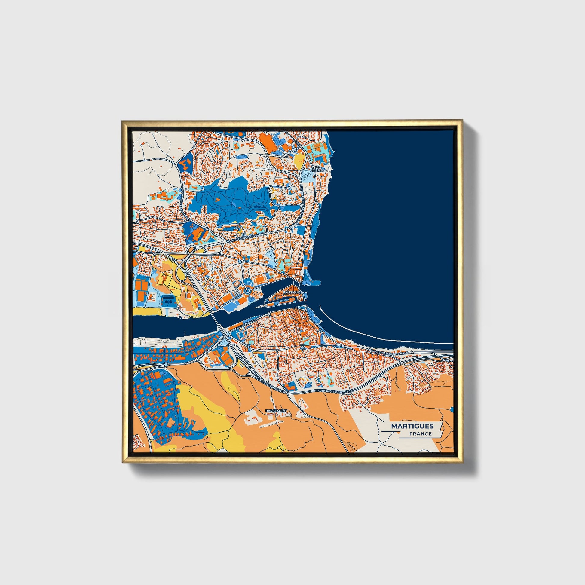 Martigues France Colorful City Map Canvas Print • Gold Framed