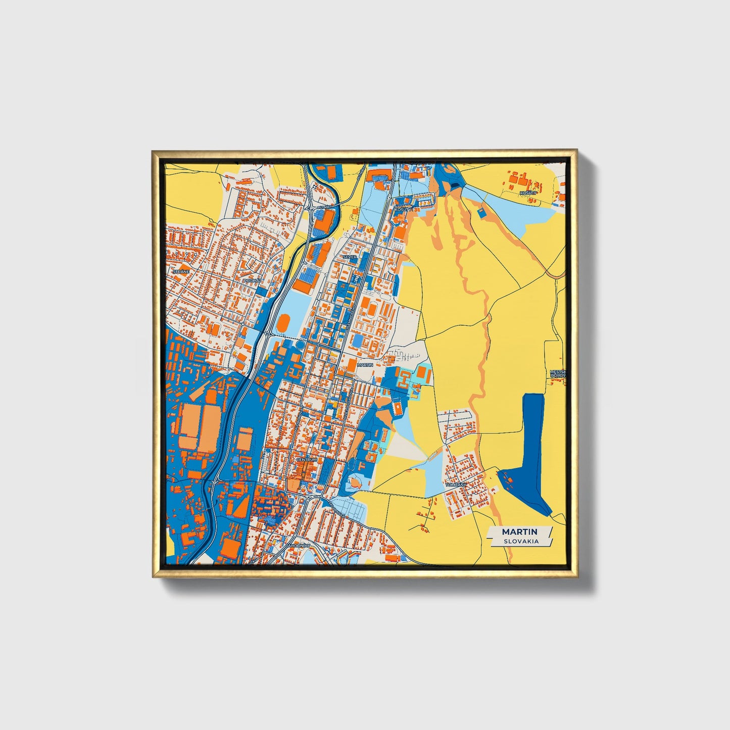 Martin Slovakia Colorful City Map Canvas Print • Gold Framed