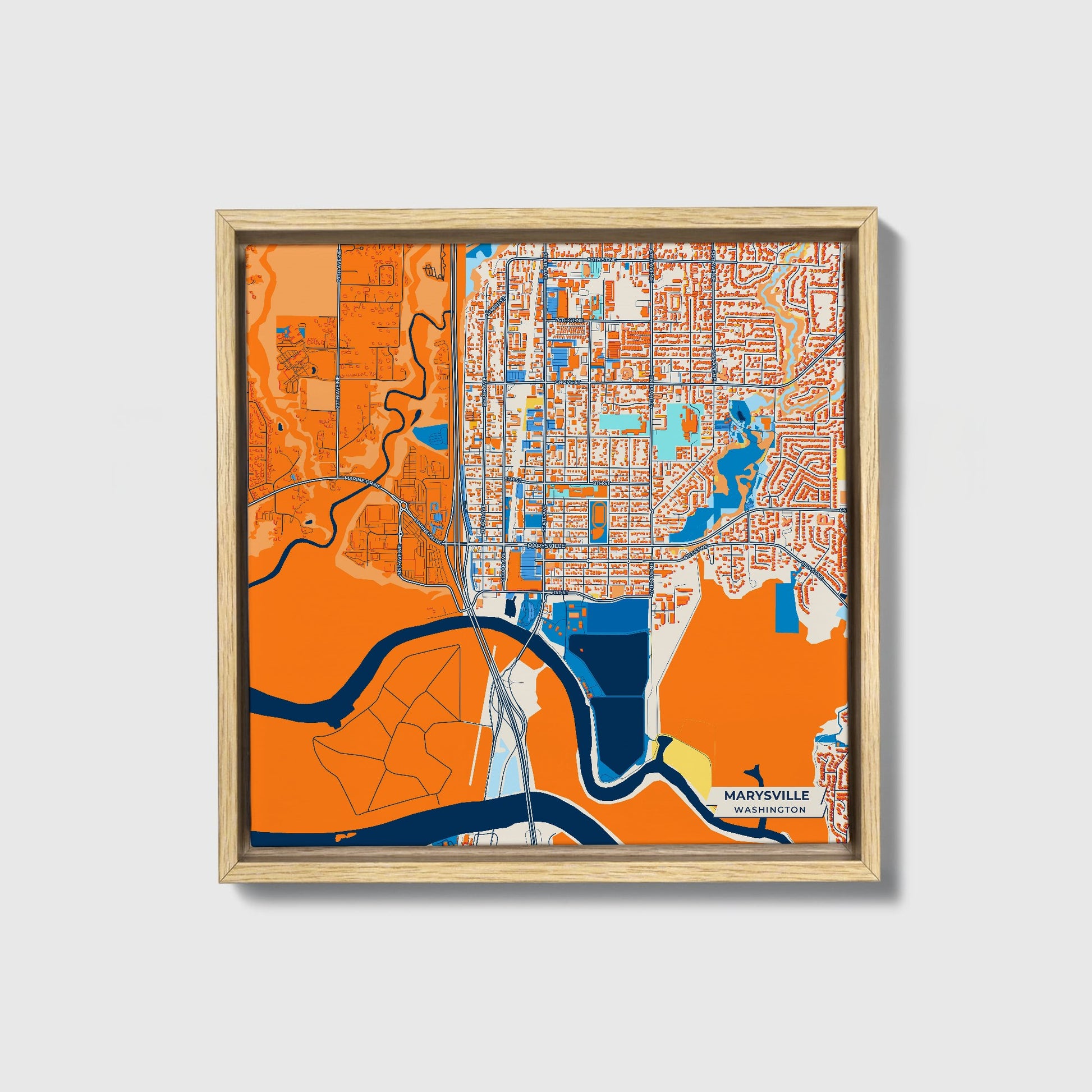 Marysville Washington Colorful City Map Canvas Print • Natural Wooden Framed