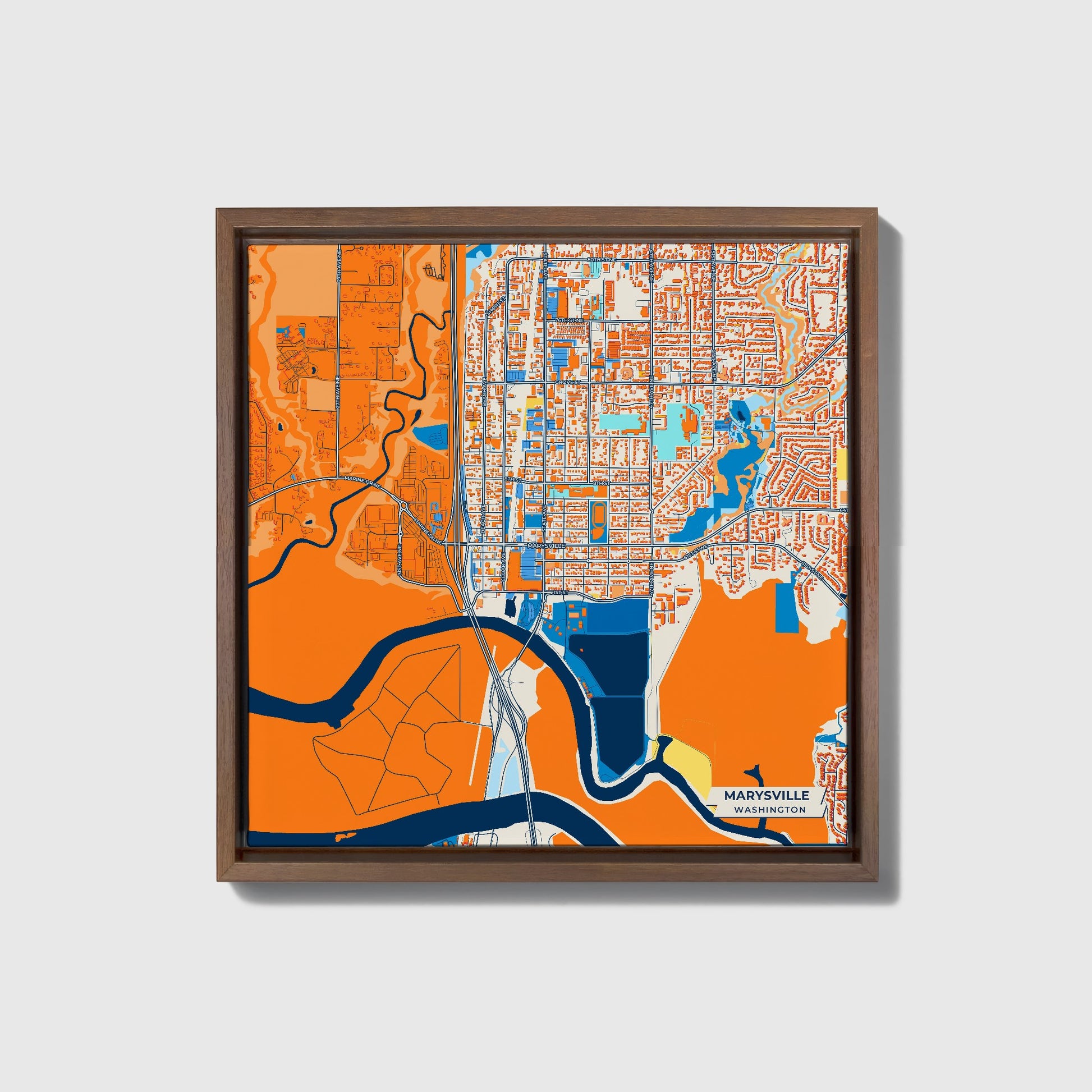 Marysville Washington Colorful City Map Canvas Print • Dark Wooden Framed
