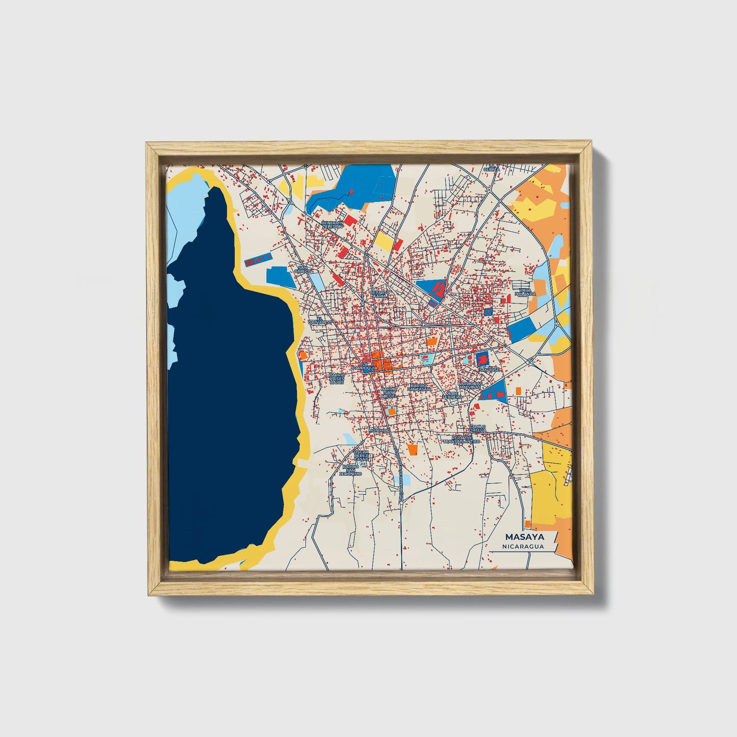 Masaya Nicaragua Colorful City Map Canvas Print • Natural Wooden Framed
