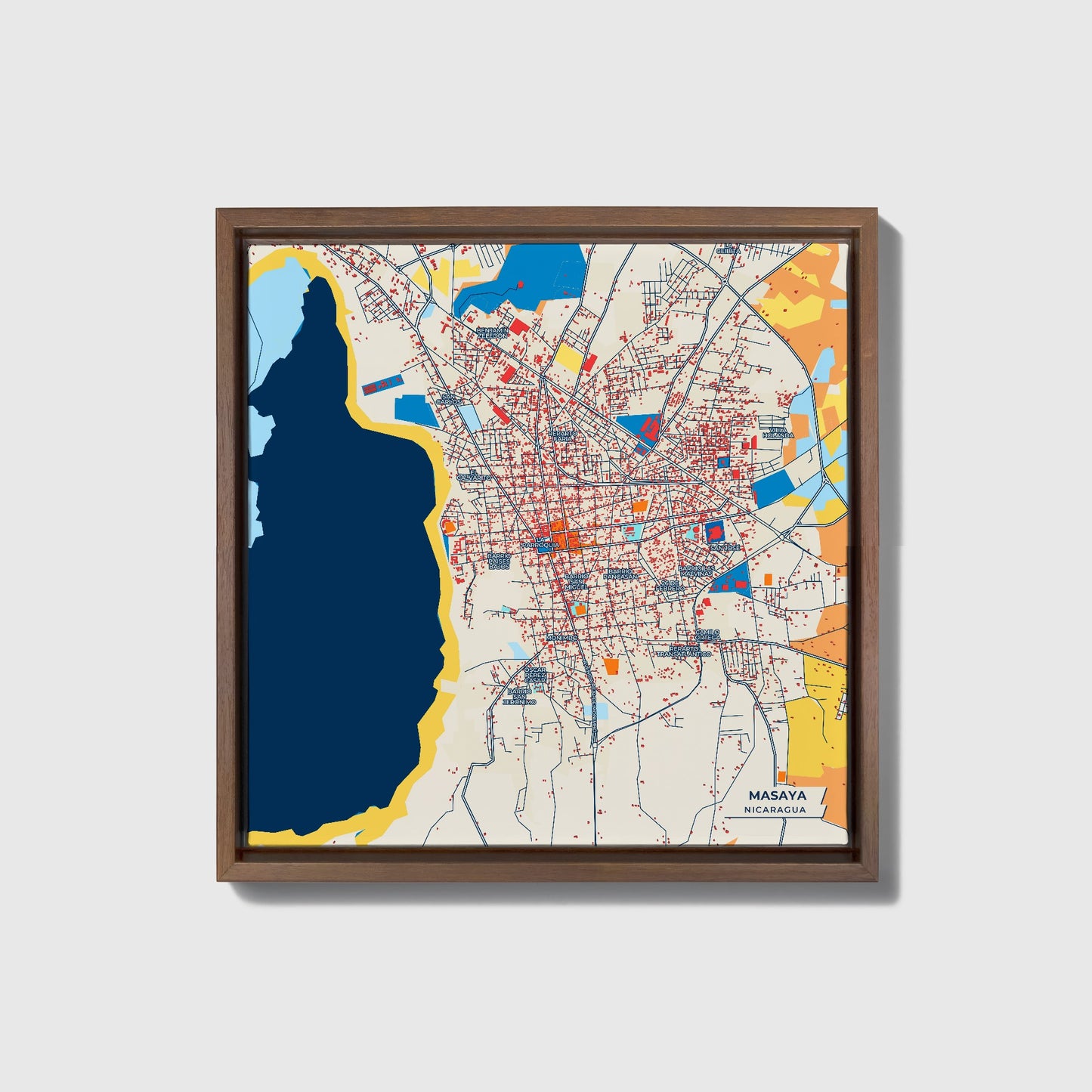 Masaya Nicaragua Colorful City Map Canvas Print • Dark Wooden Framed