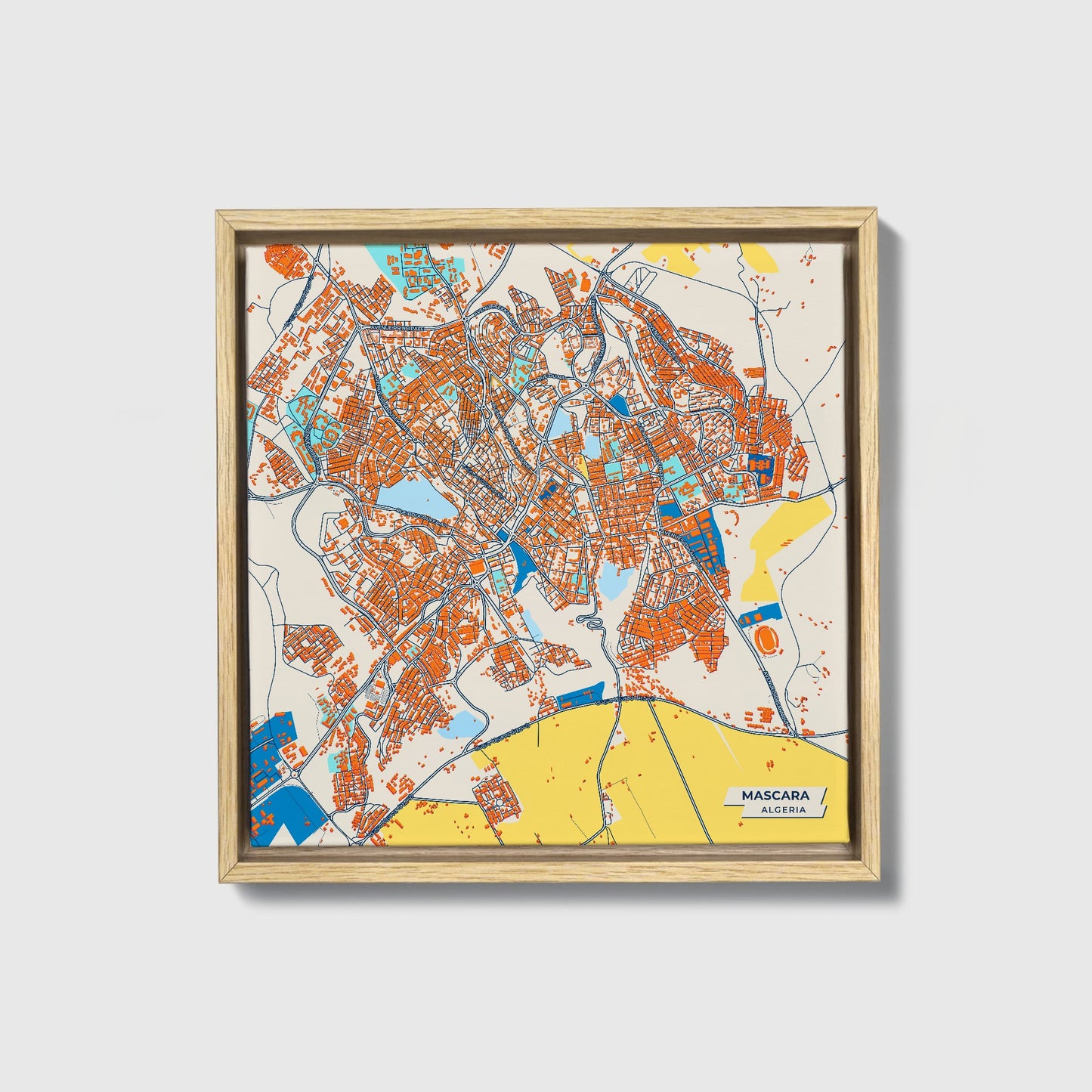 Mascara Algeria Colorful City Map Canvas Print • Natural Wooden Framed