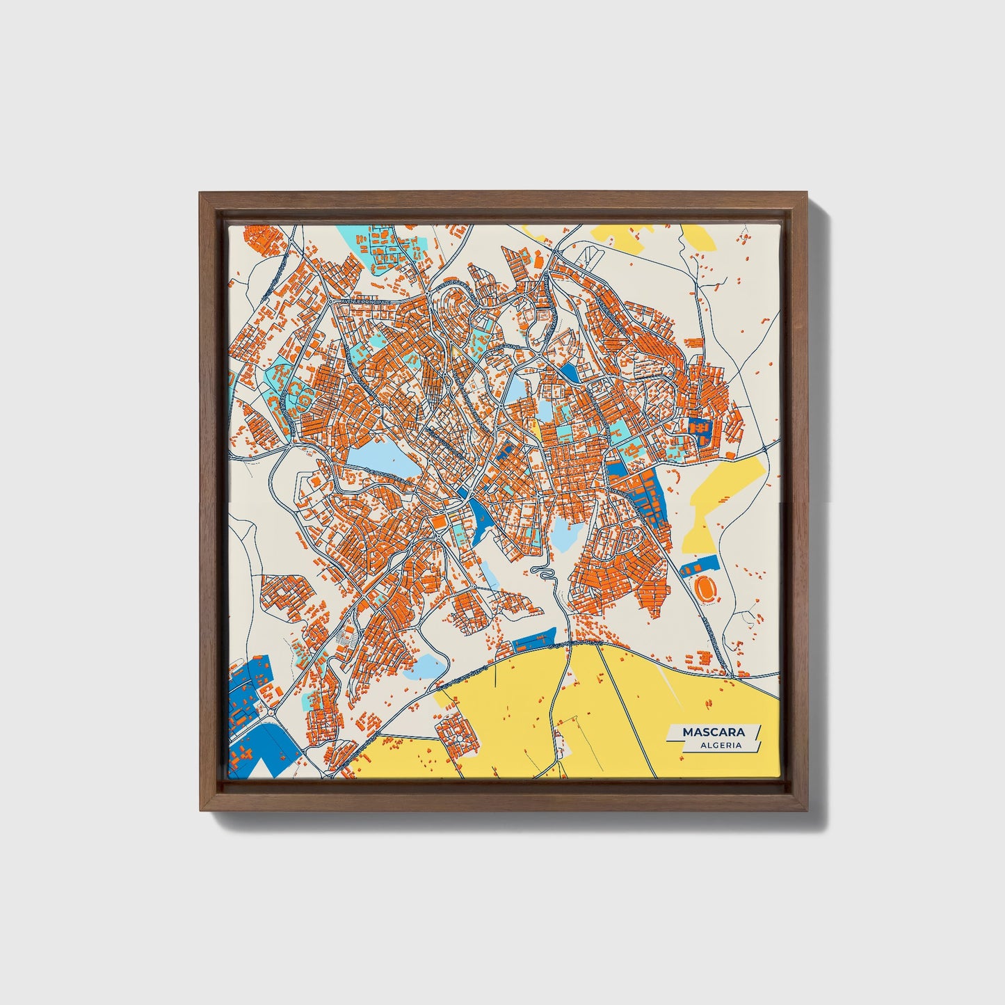 Mascara Algeria Colorful City Map Canvas Print • Dark Wooden Framed