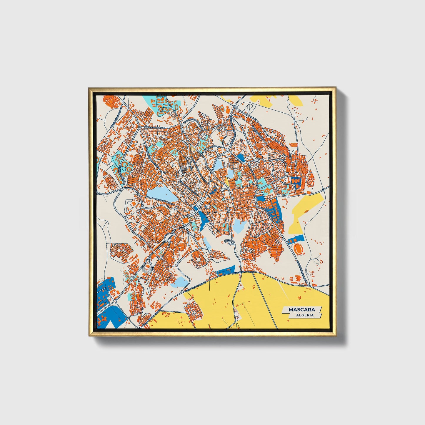 Mascara Algeria Colorful City Map Canvas Print • Gold Framed