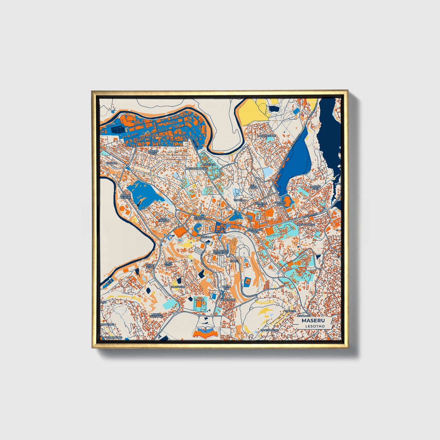 Maseru Lesotho Colorful City Map Canvas Print • Gold Framed