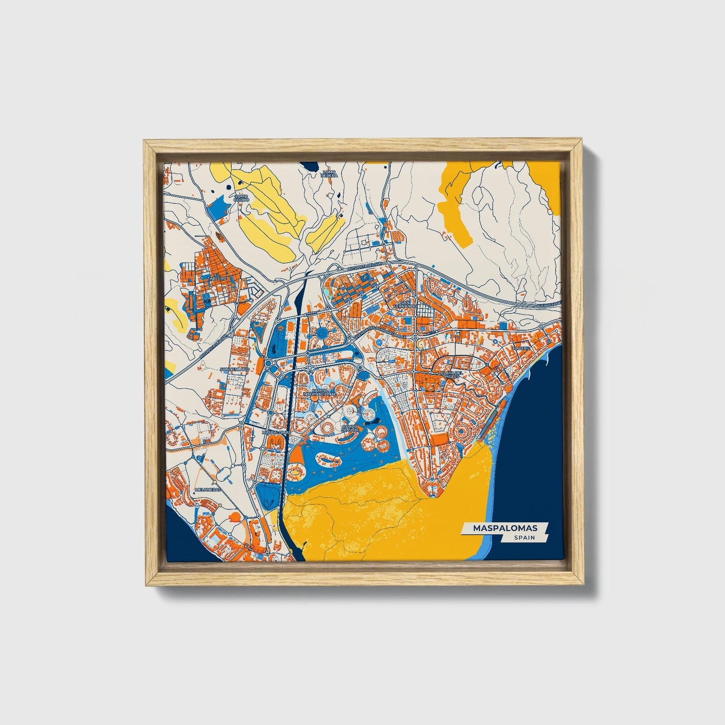 Maspalomas Spain Colorful City Map Canvas Print • Natural Wooden Framed