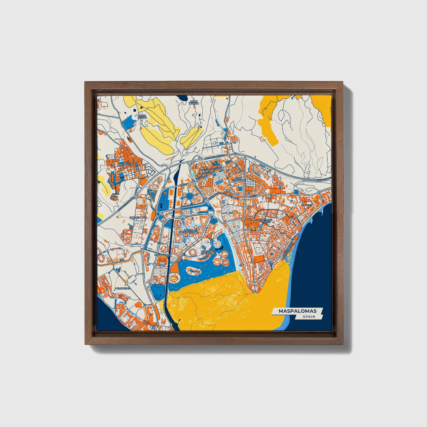 Maspalomas Spain Colorful City Map Canvas Print • Dark Wooden Framed