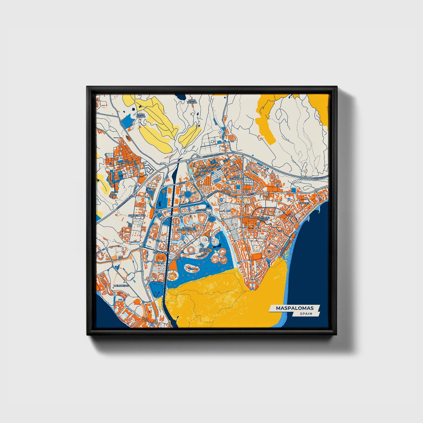 Maspalomas Spain Colorful City Map Canvas Print • Black Framed