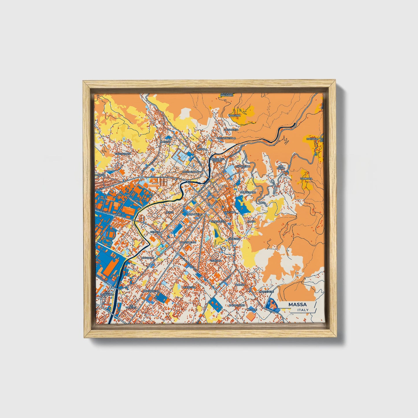 Massa Italy Colorful City Map Canvas Print • Natural Wooden Framed