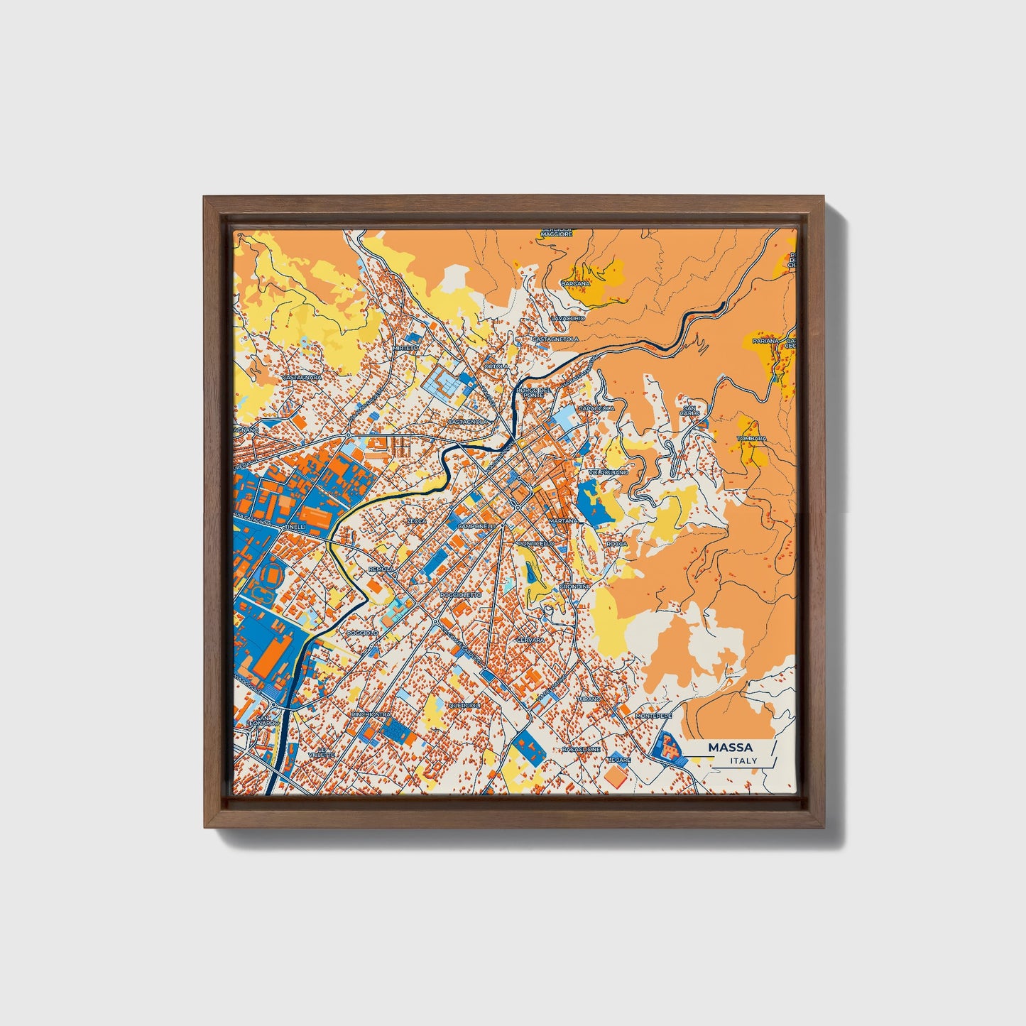 Massa Italy Colorful City Map Canvas Print • Dark Wooden Framed