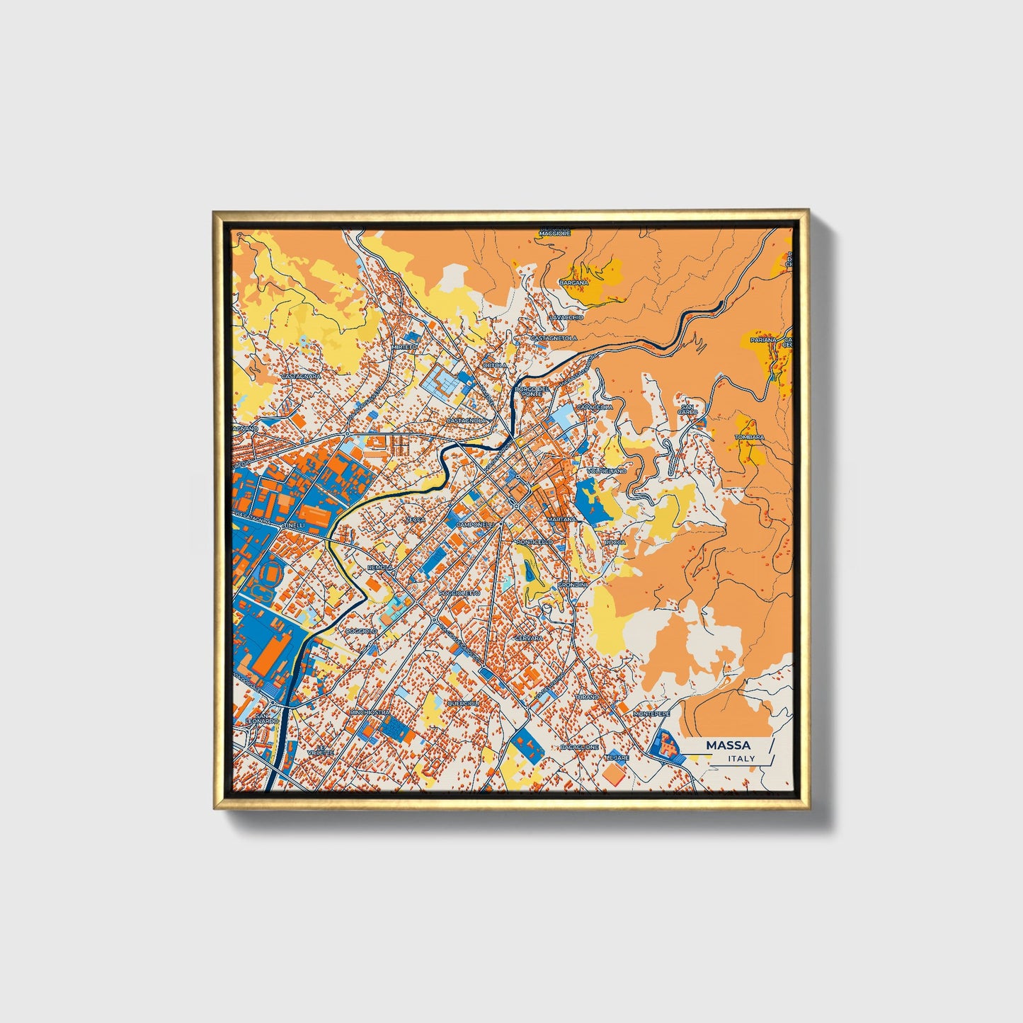 Massa Italy Colorful City Map Canvas Print • Gold Framed