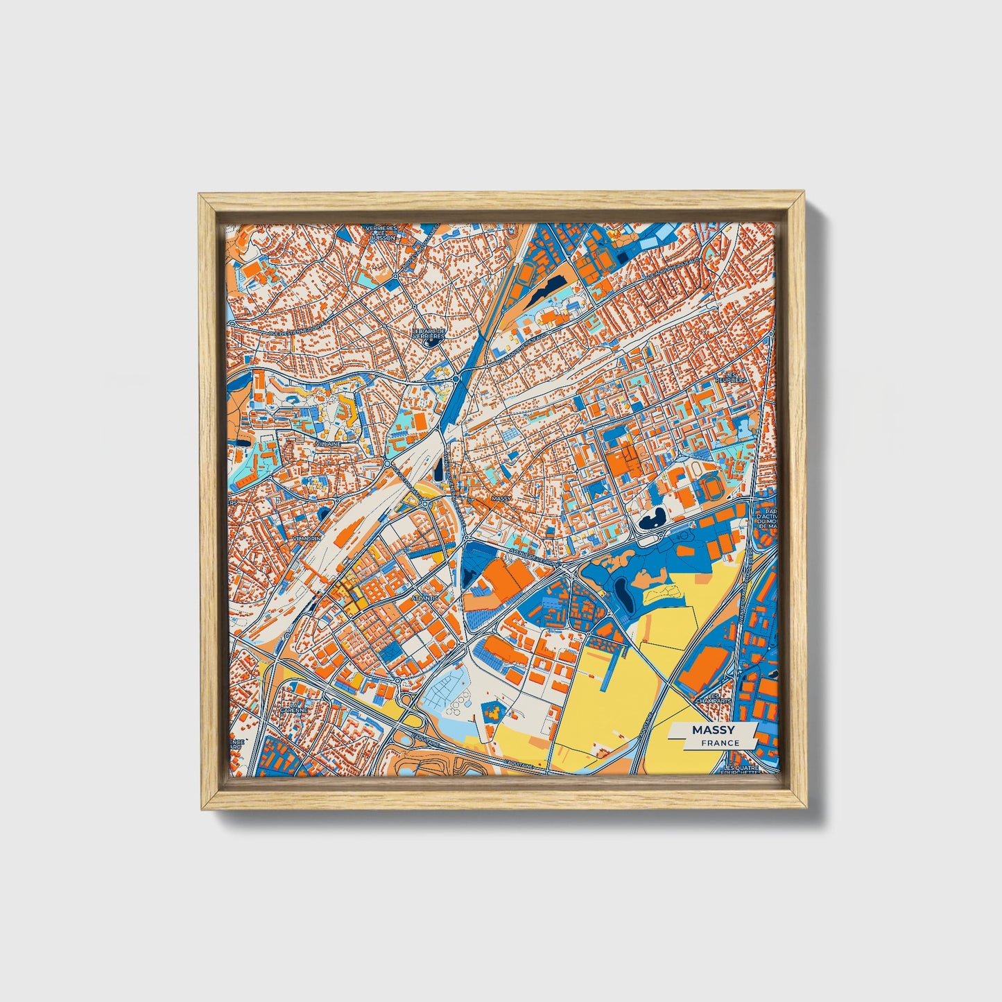 Massy France Colorful City Map Canvas Print • Natural Wooden Framed