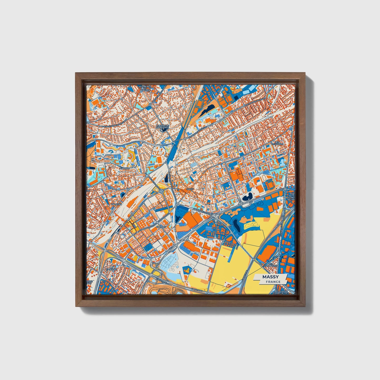 Massy France Colorful City Map Canvas Print • Dark Wooden Framed