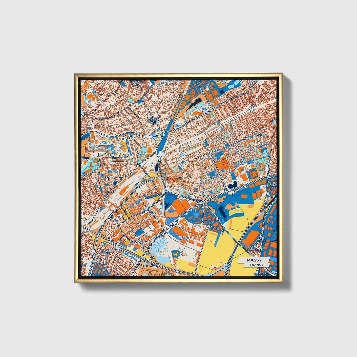 Massy France Colorful City Map Canvas Print • Gold Framed