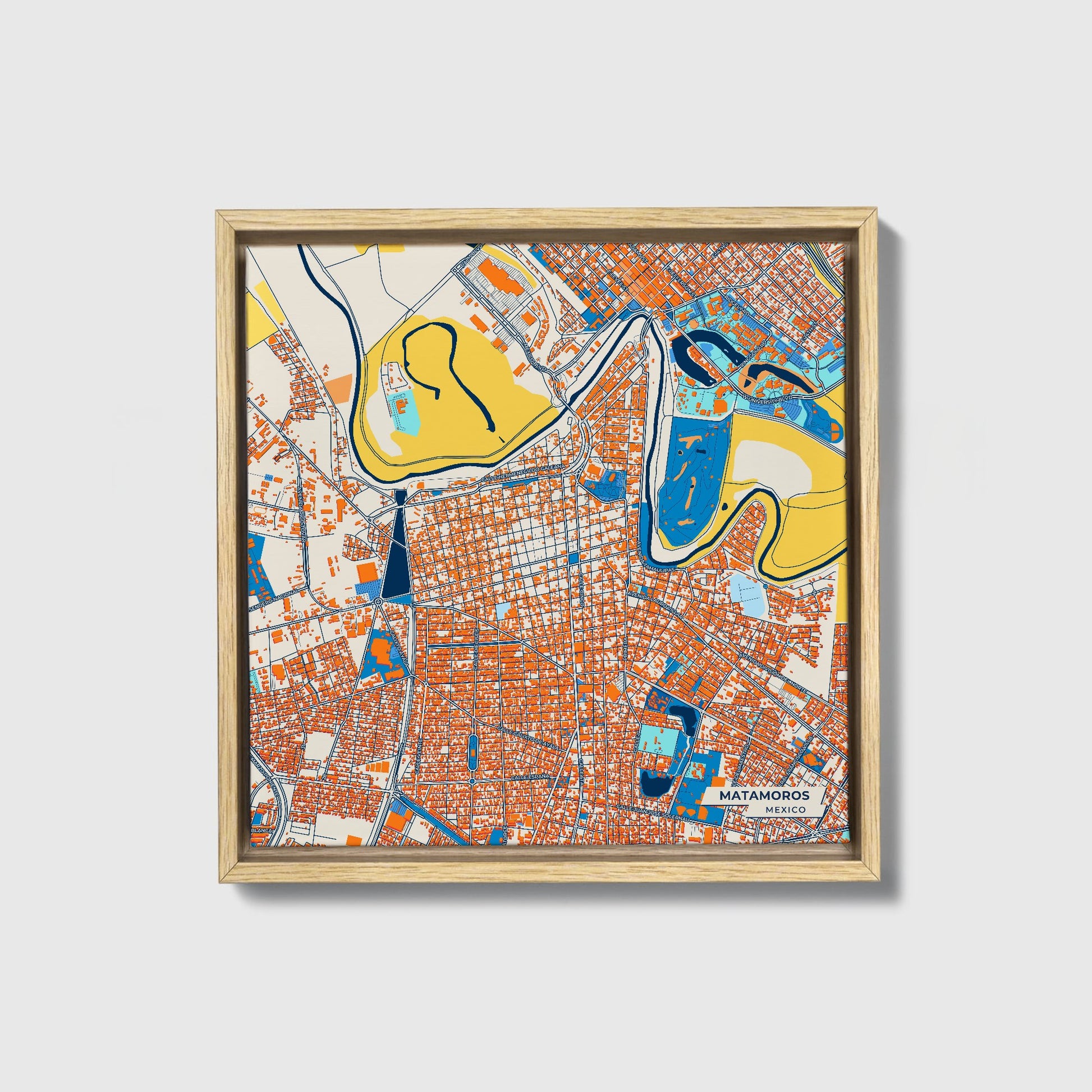 Matamoros Mexico Colorful City Map Canvas Print • Natural Wooden Framed