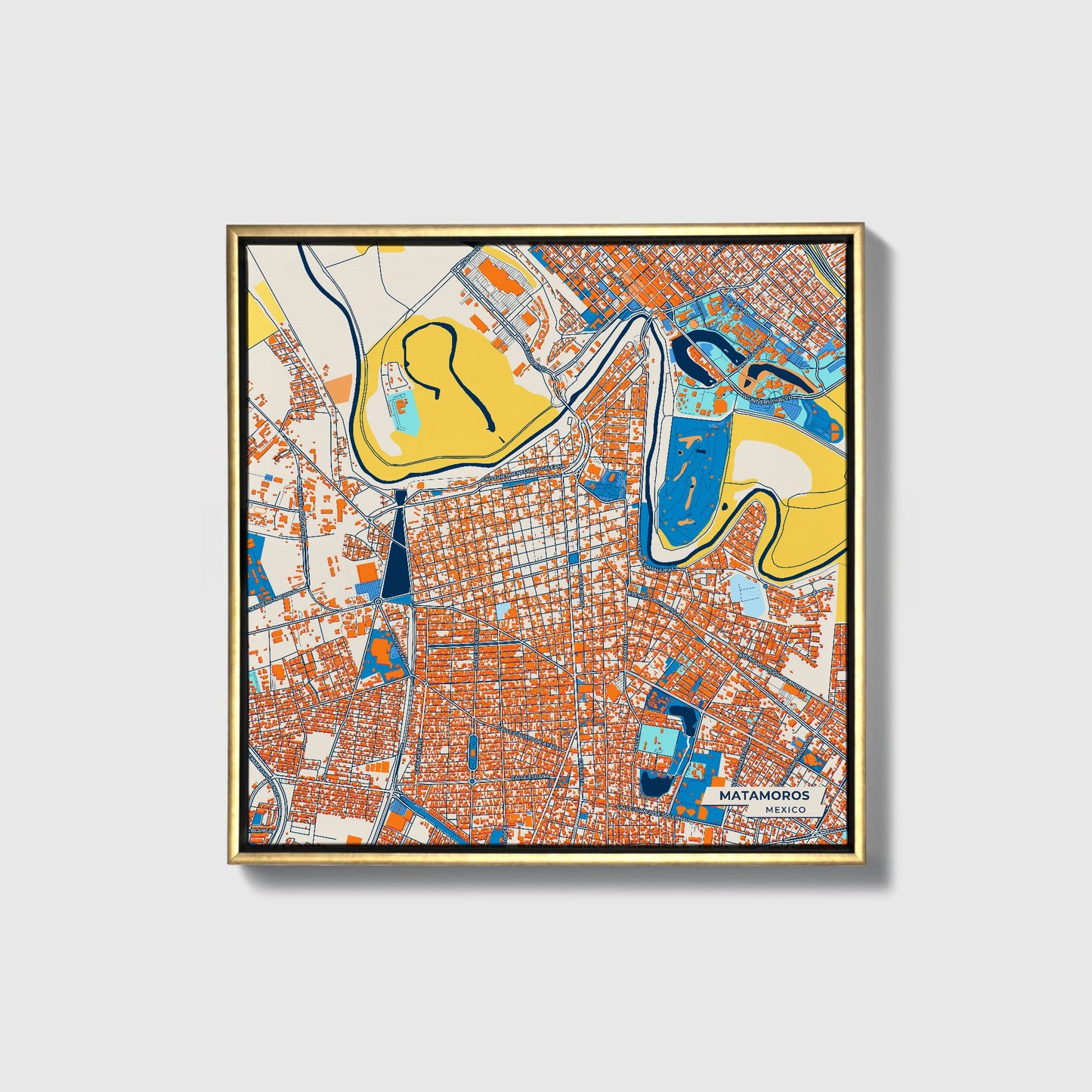 Matamoros Mexico Colorful City Map Canvas Print • Gold Framed
