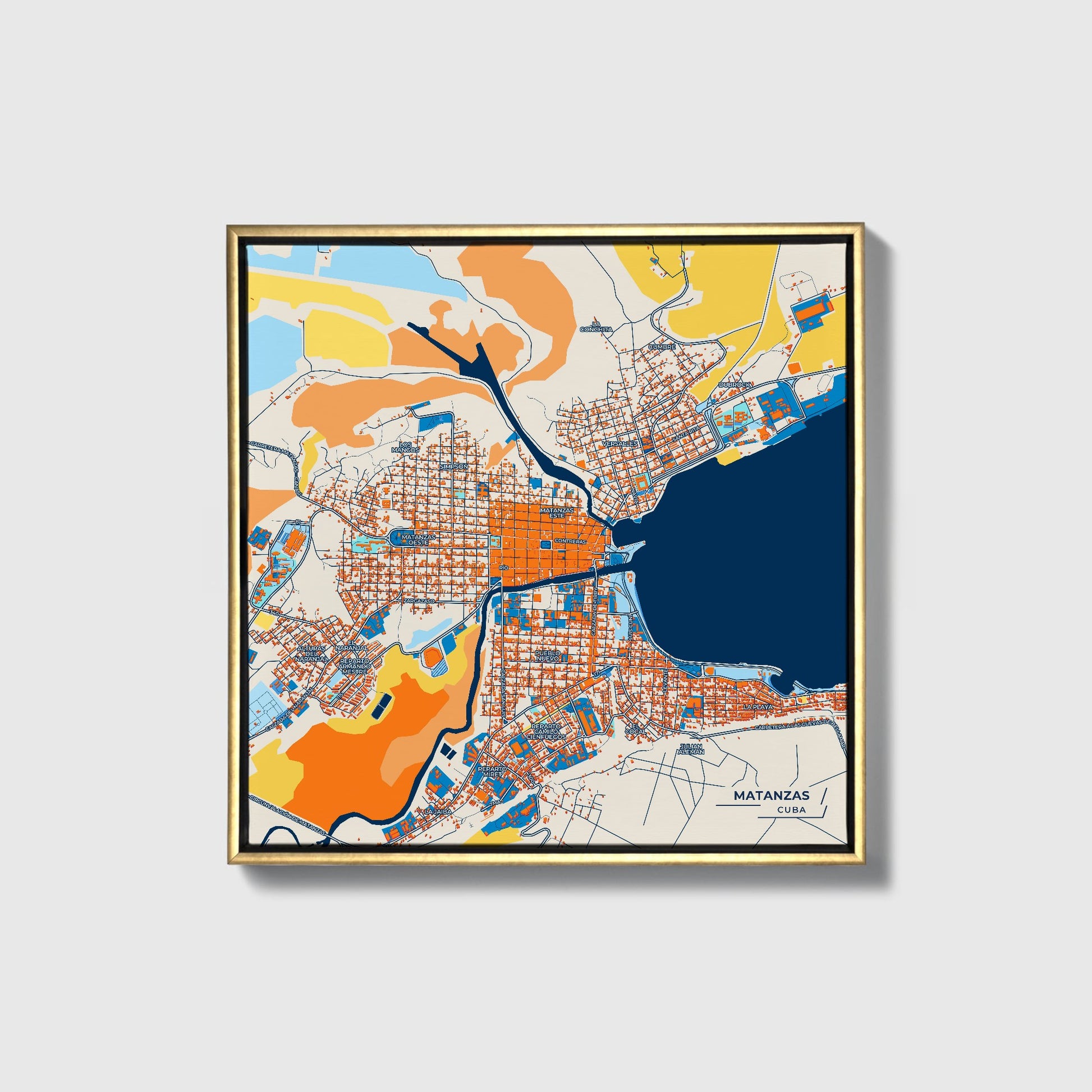 Matanzas Cuba Colorful City Map Canvas Print • Gold Framed
