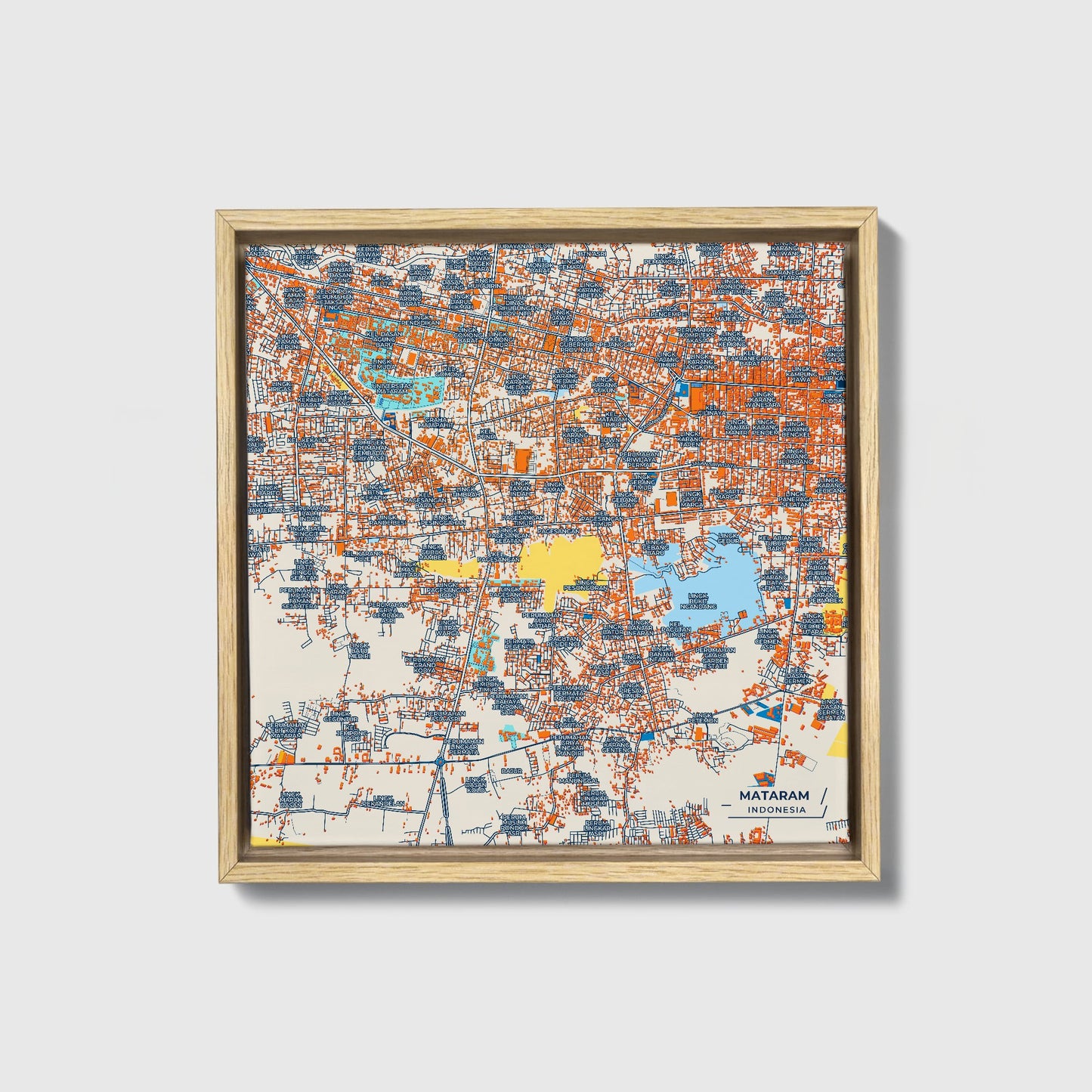Mataram Indonesia Colorful City Map Canvas Print • Natural Wooden Framed