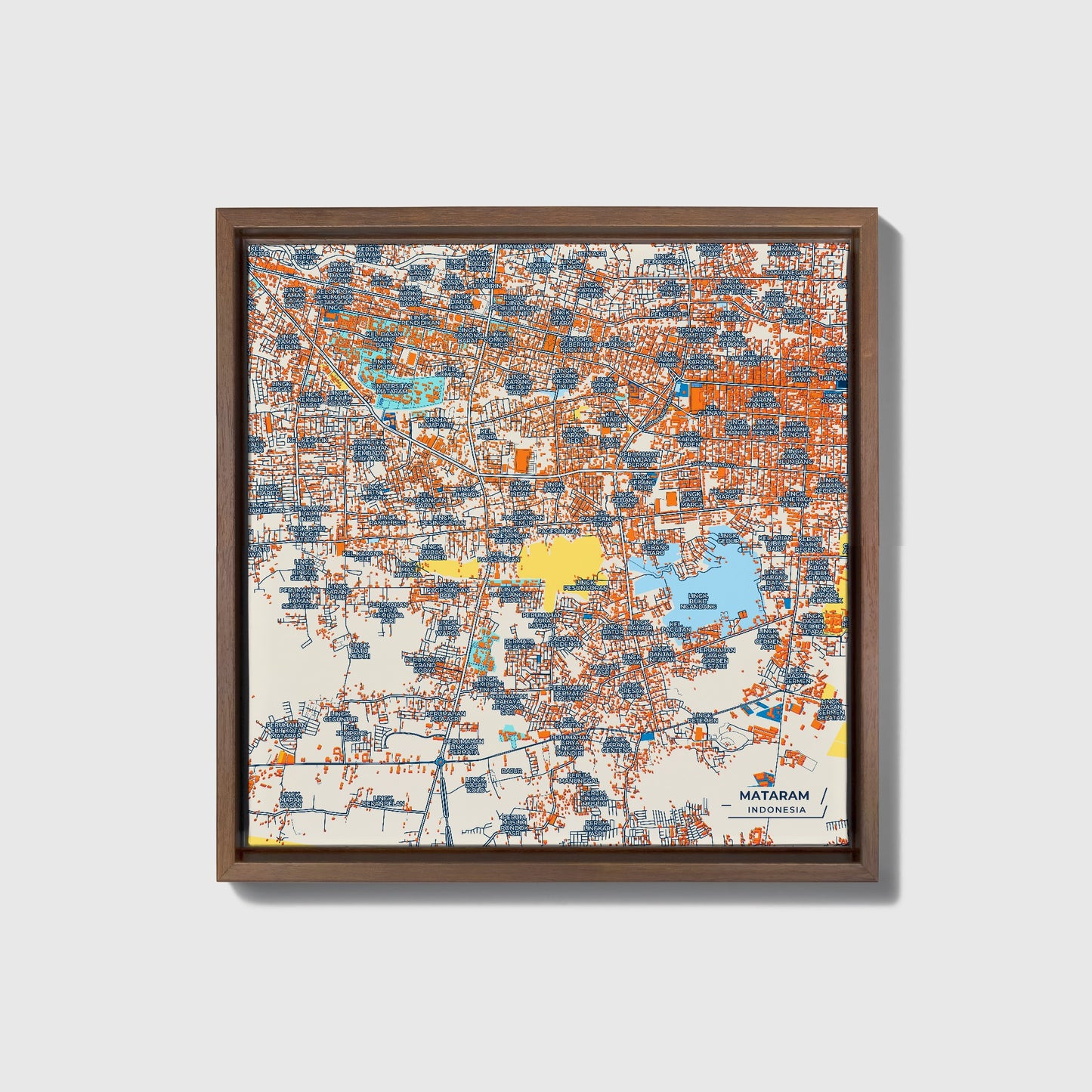 Mataram Indonesia Colorful City Map Canvas Print • Dark Wooden Framed