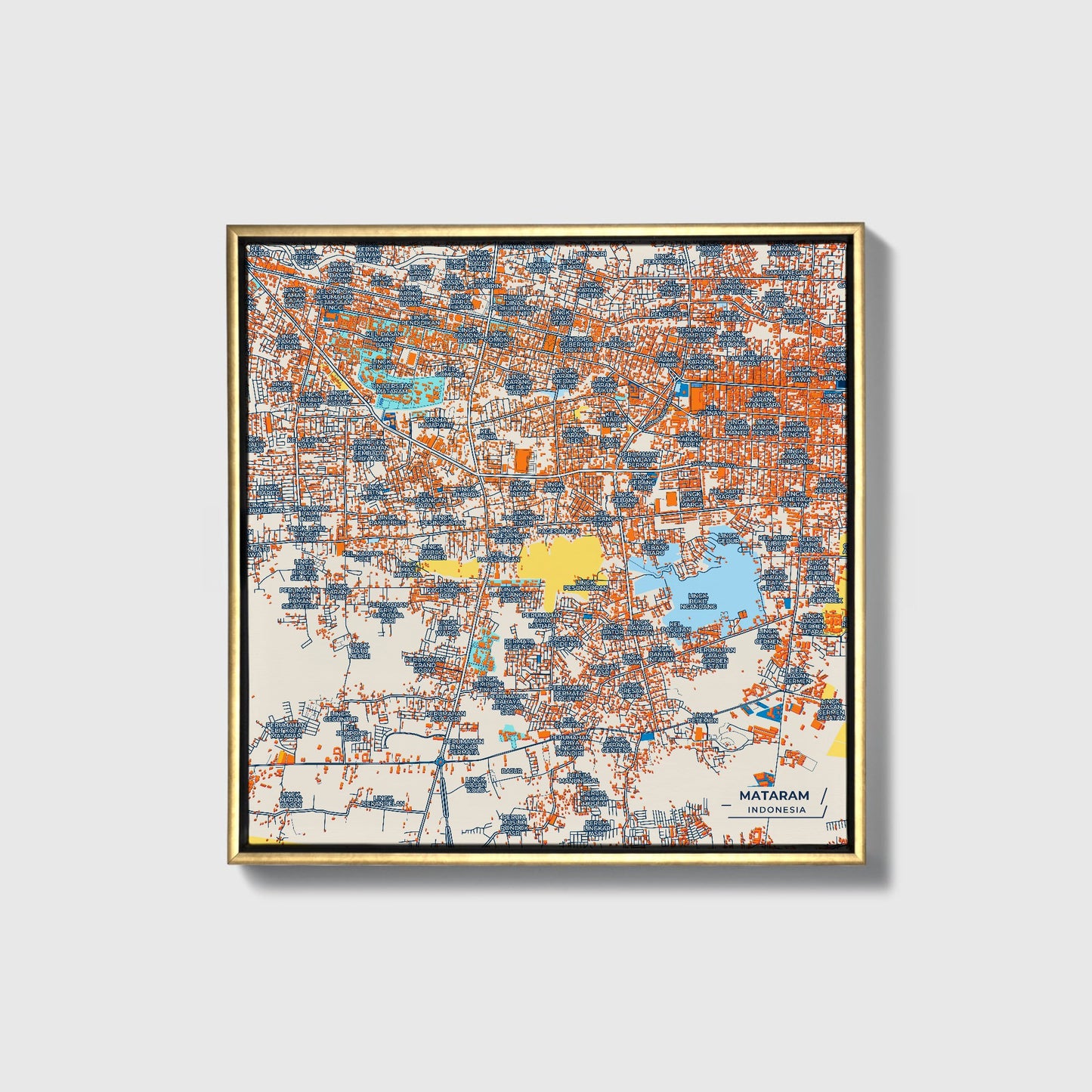 Mataram Indonesia Colorful City Map Canvas Print • Gold Framed