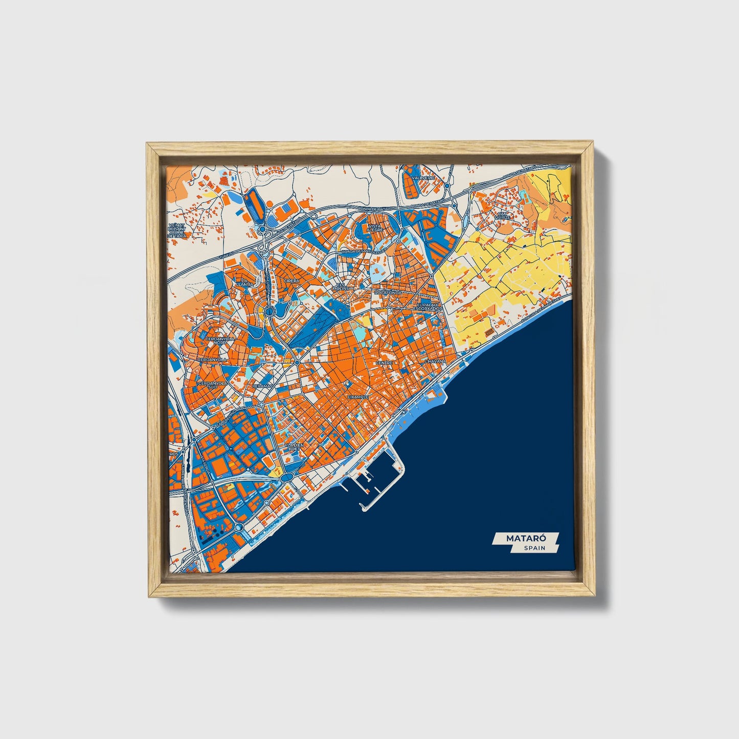 Mataró Spain Colorful City Map Canvas Print • Natural Wooden Framed