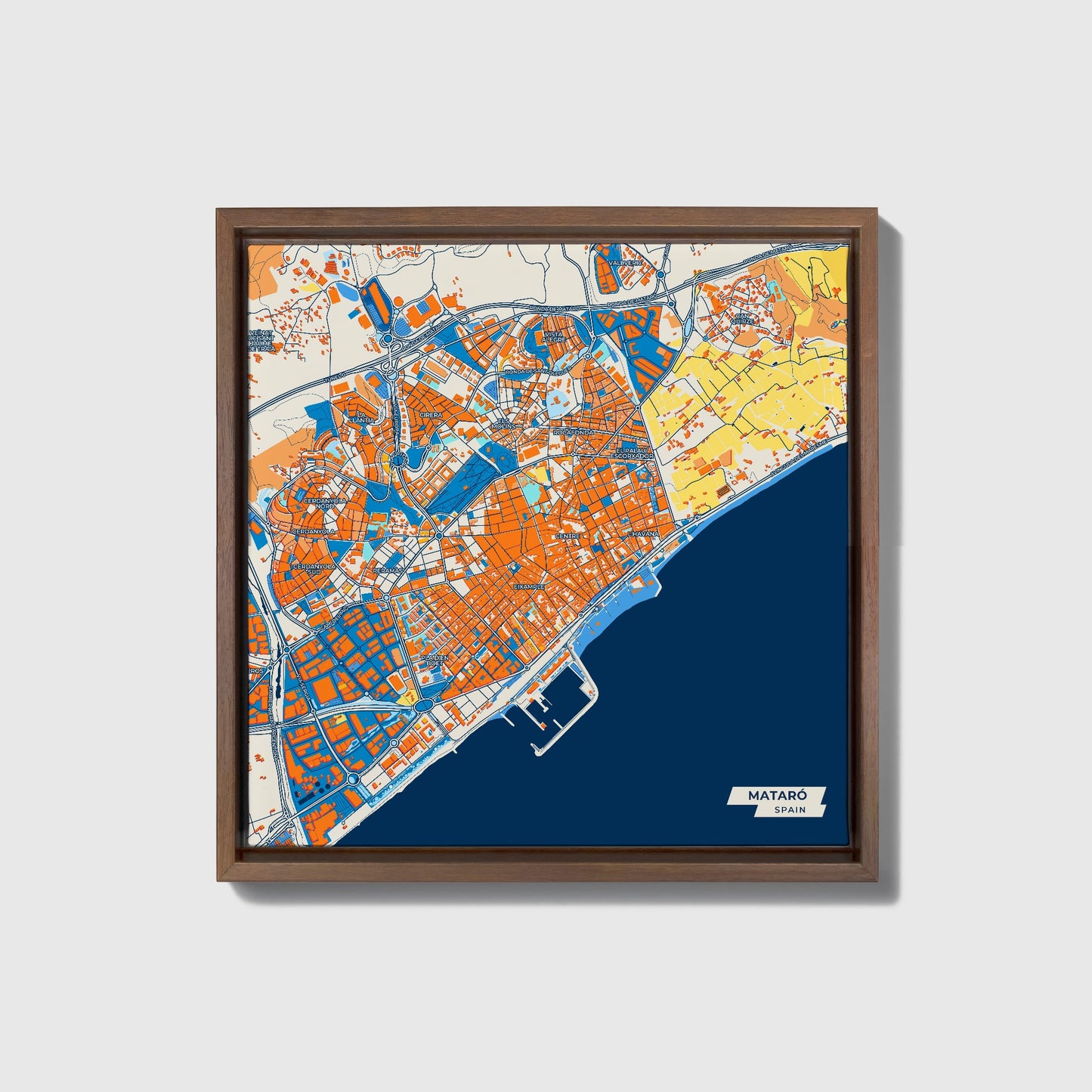 Mataró Spain Colorful City Map Canvas Print • Dark Wooden Framed