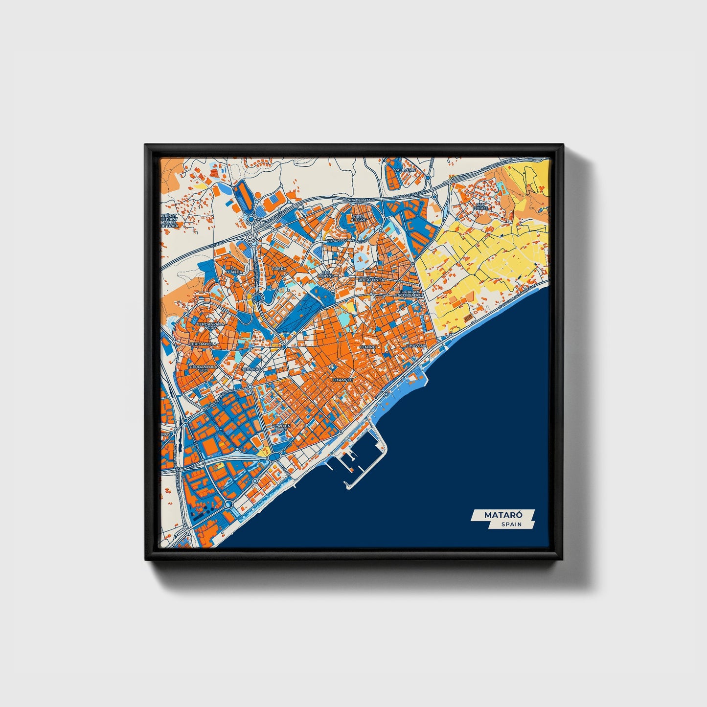 Mataró Spain Colorful City Map Canvas Print • Black Framed