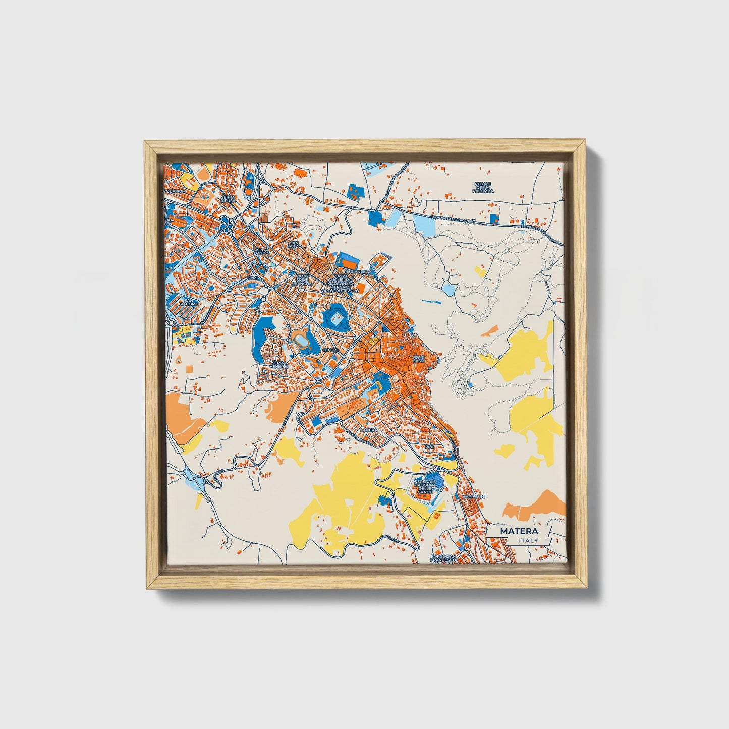 Matera Italy Colorful City Map Canvas Print • Natural Wooden Framed
