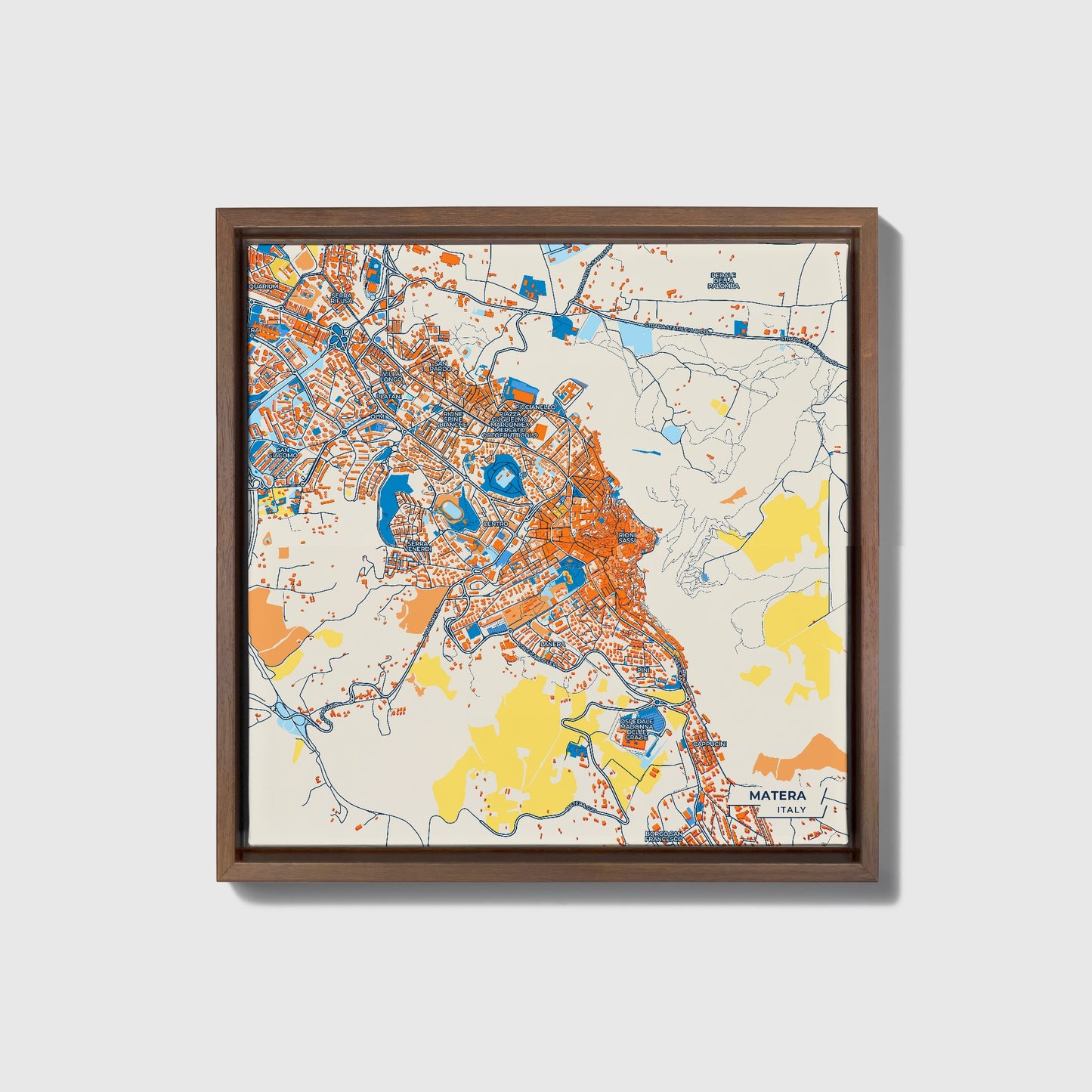 Matera Italy Colorful City Map Canvas Print • Dark Wooden Framed