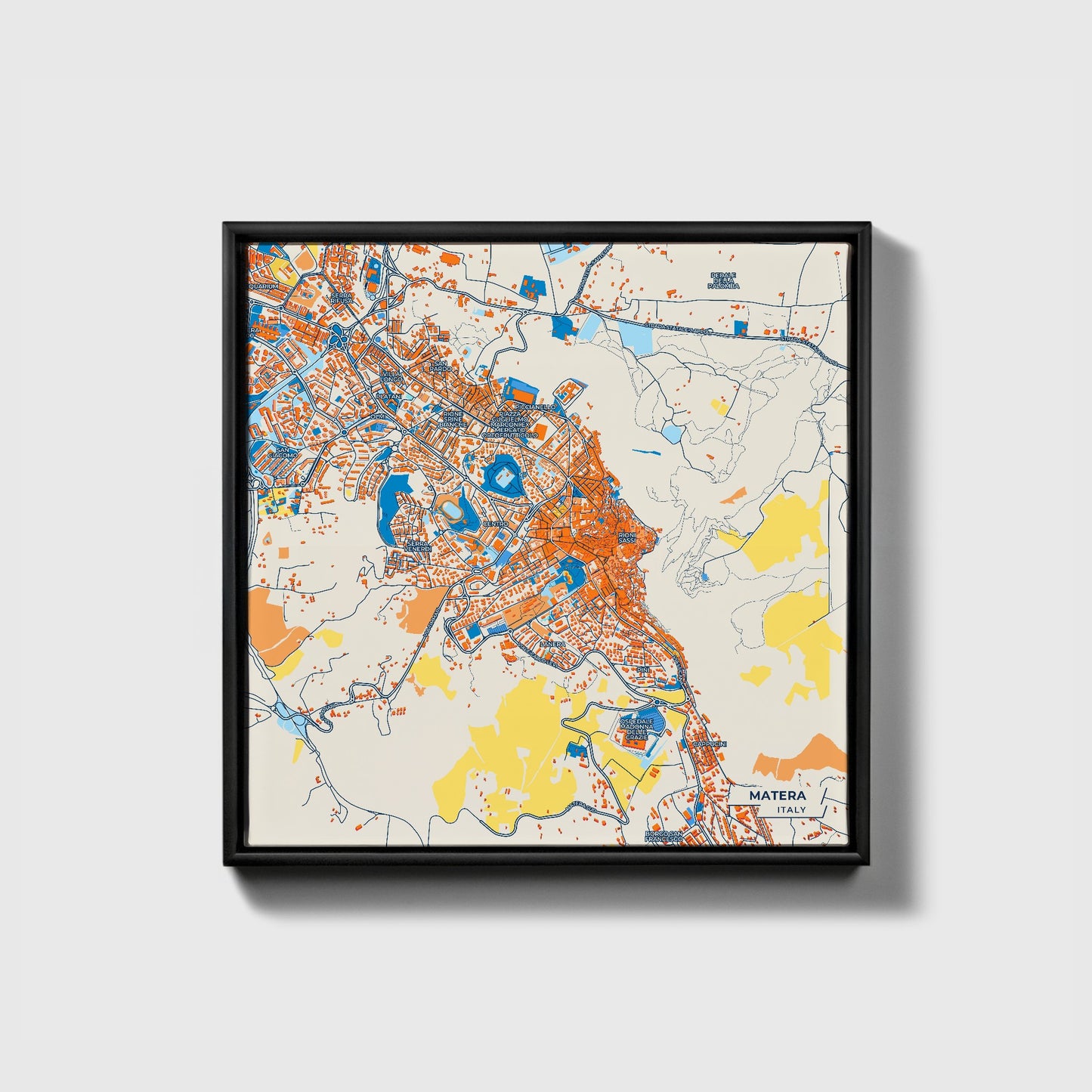 Matera Italy Colorful City Map Canvas Print • Black Framed
