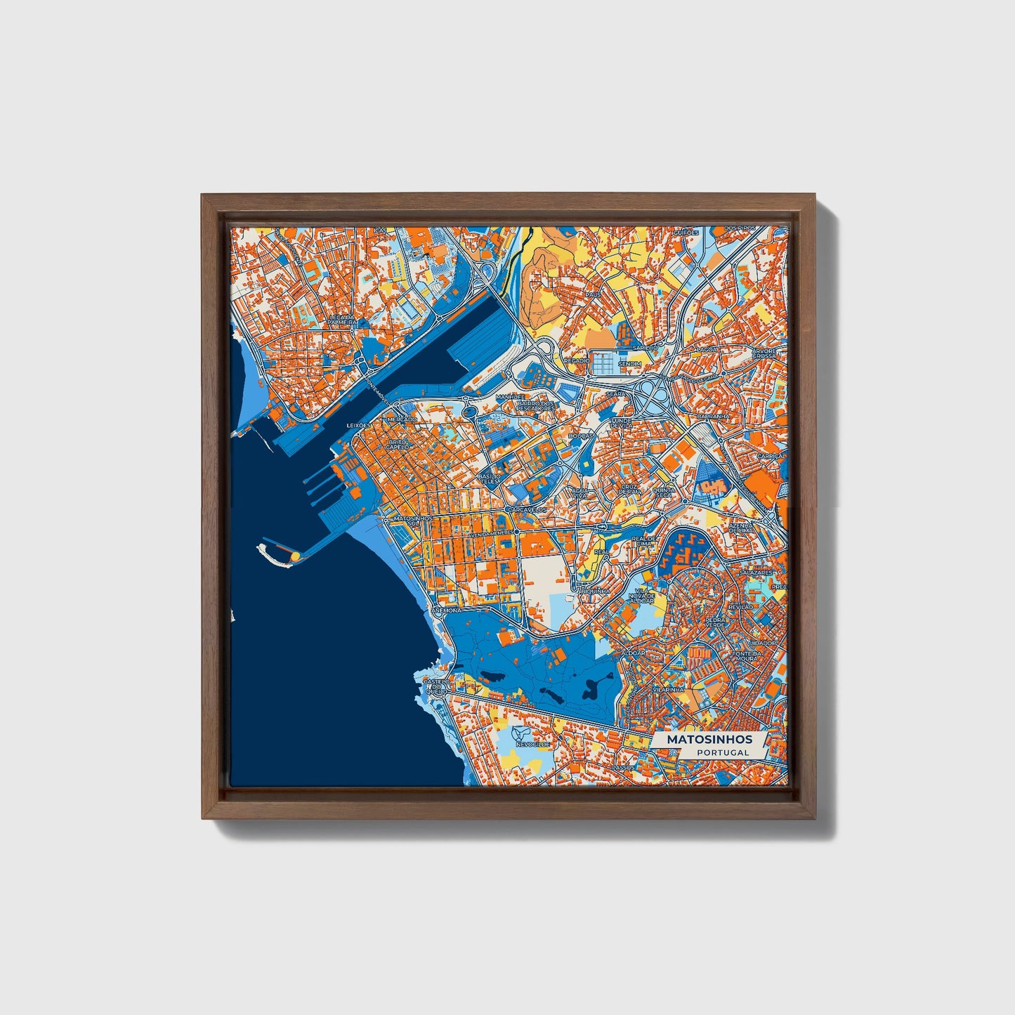Matosinhos Portugal Colorful City Map Canvas Print • Dark Wooden Framed