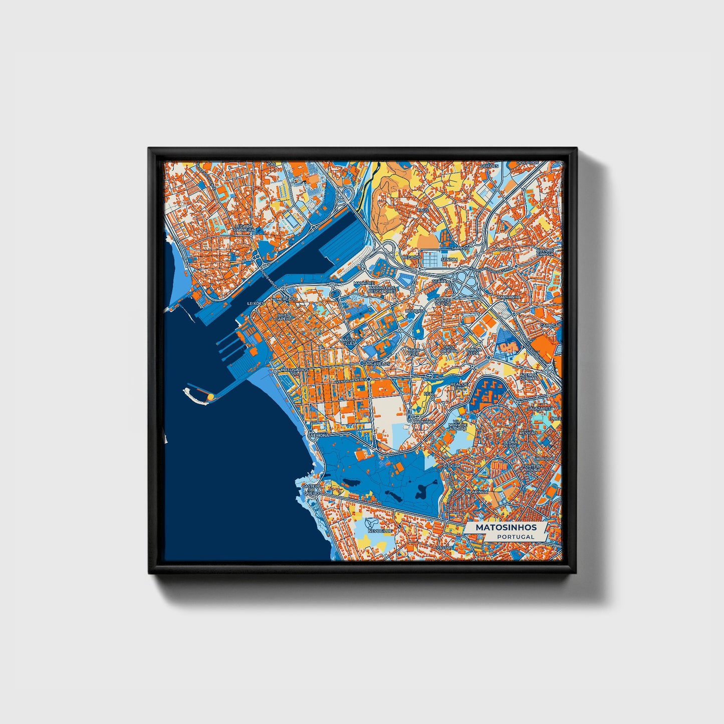 Matosinhos Portugal Colorful City Map Canvas Print • Black Framed