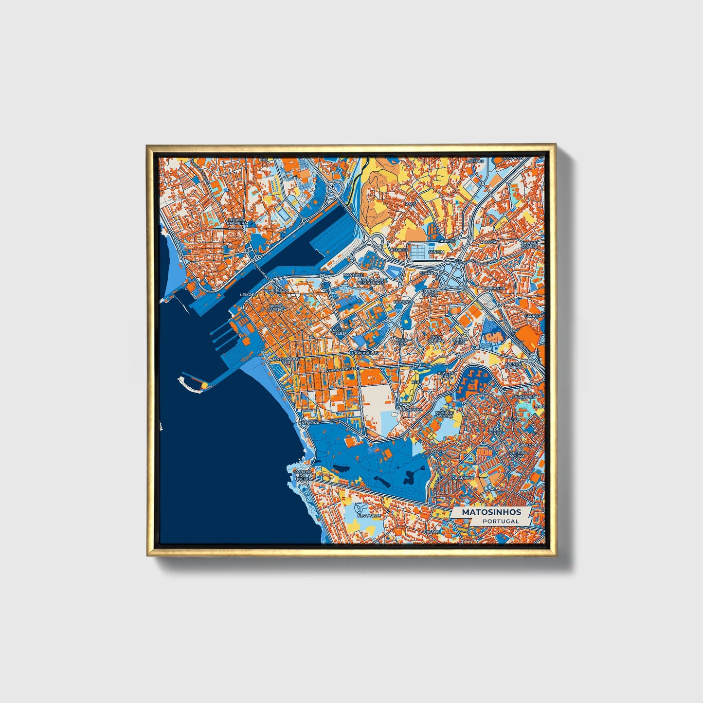 Matosinhos Portugal Colorful City Map Canvas Print • Gold Framed