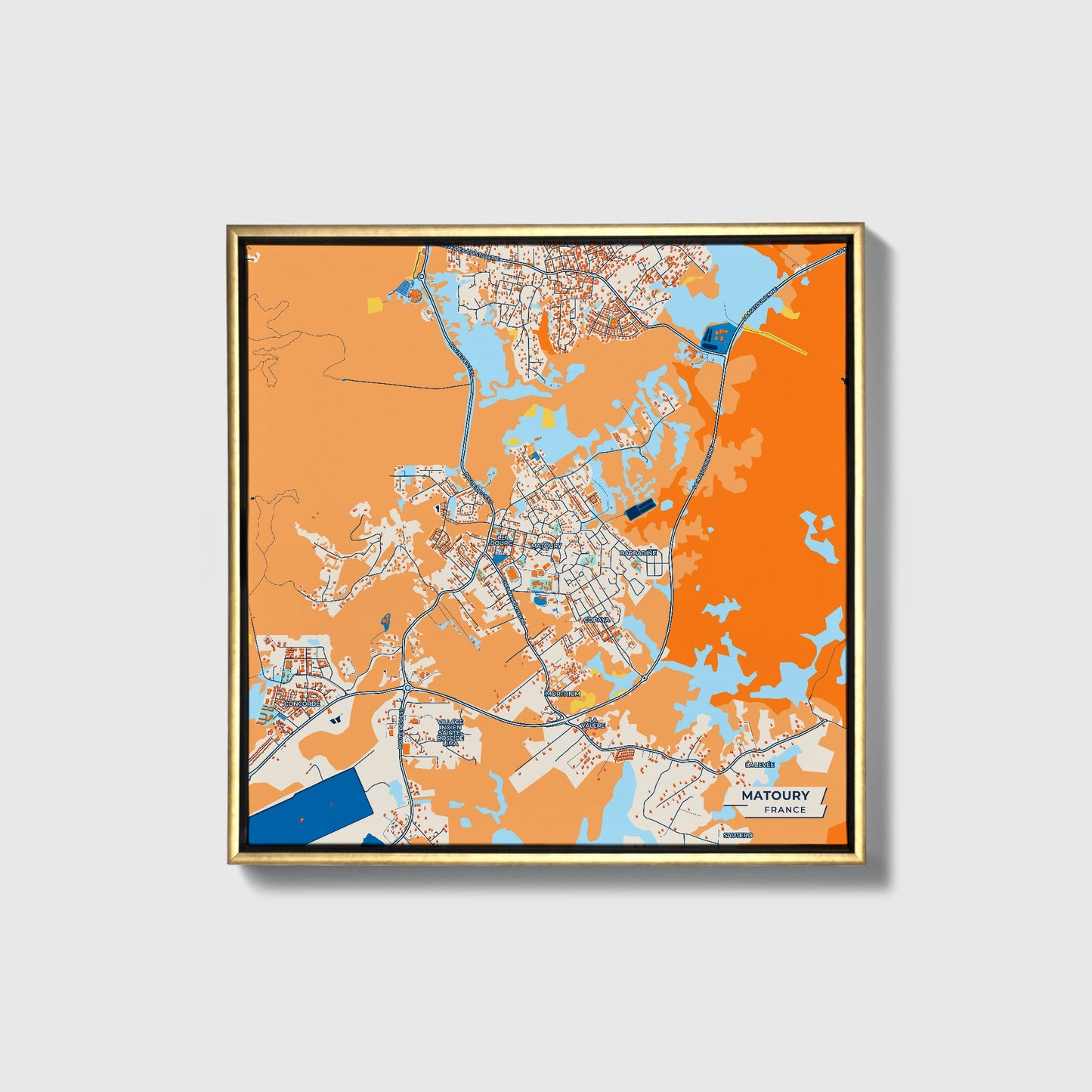 Matoury France Colorful City Map Canvas Print • Gold Framed
