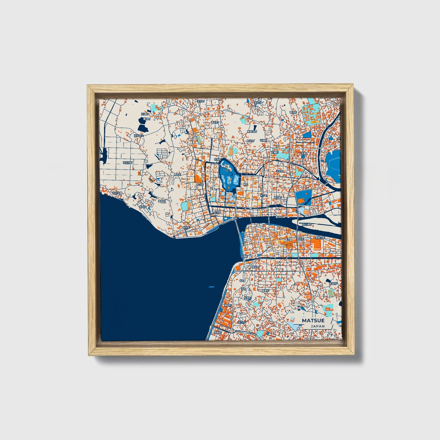 Matsue Japan Colorful City Map Canvas Print • Natural Wooden Framed