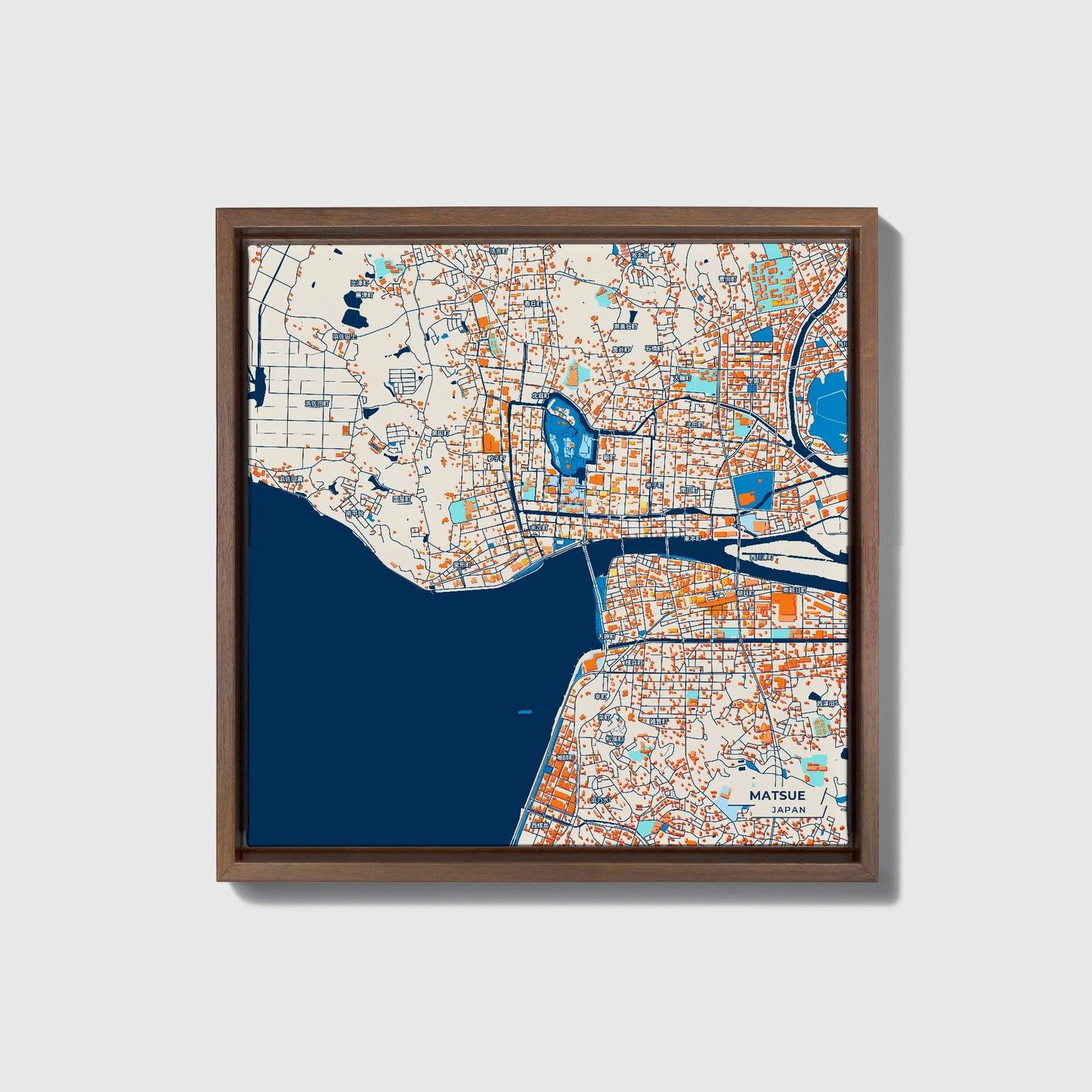 Matsue Japan Colorful City Map Canvas Print • Dark Wooden Framed