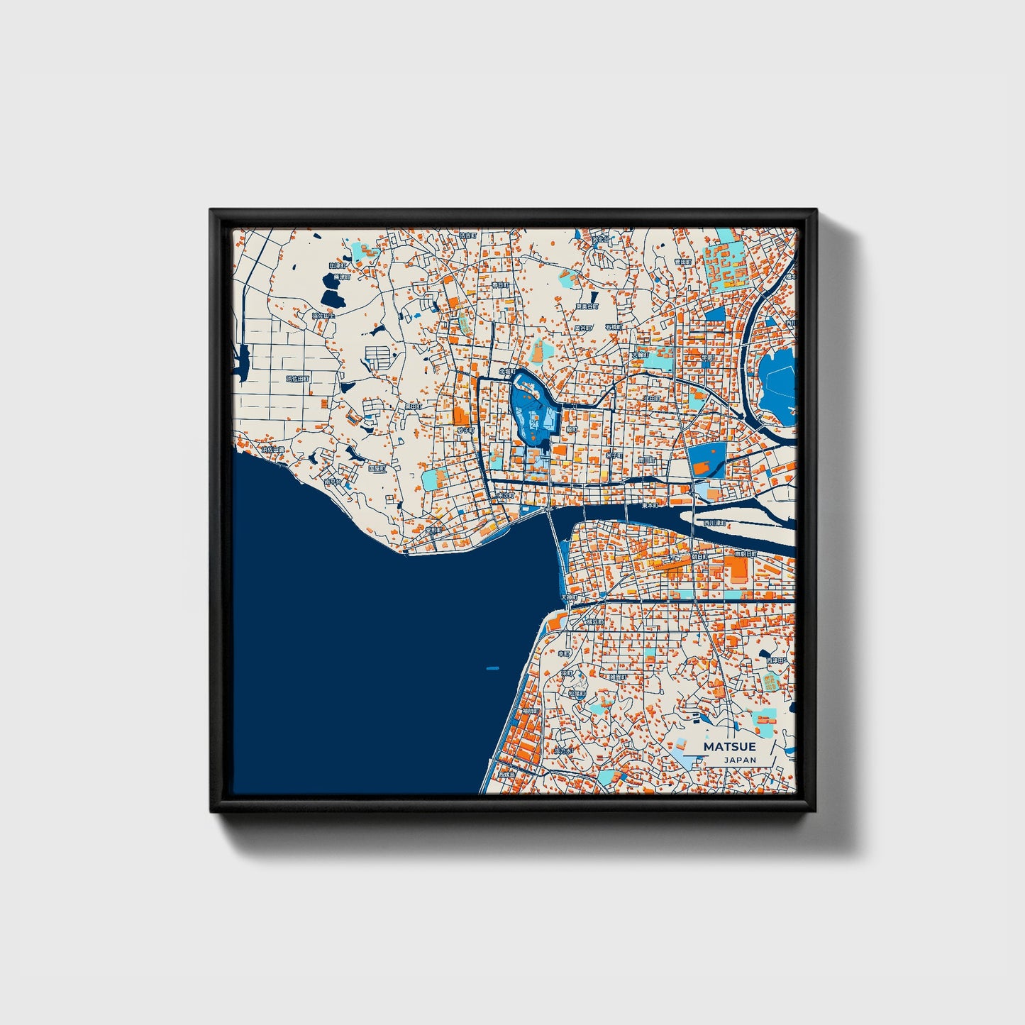Matsue Japan Colorful City Map Canvas Print • Black Framed