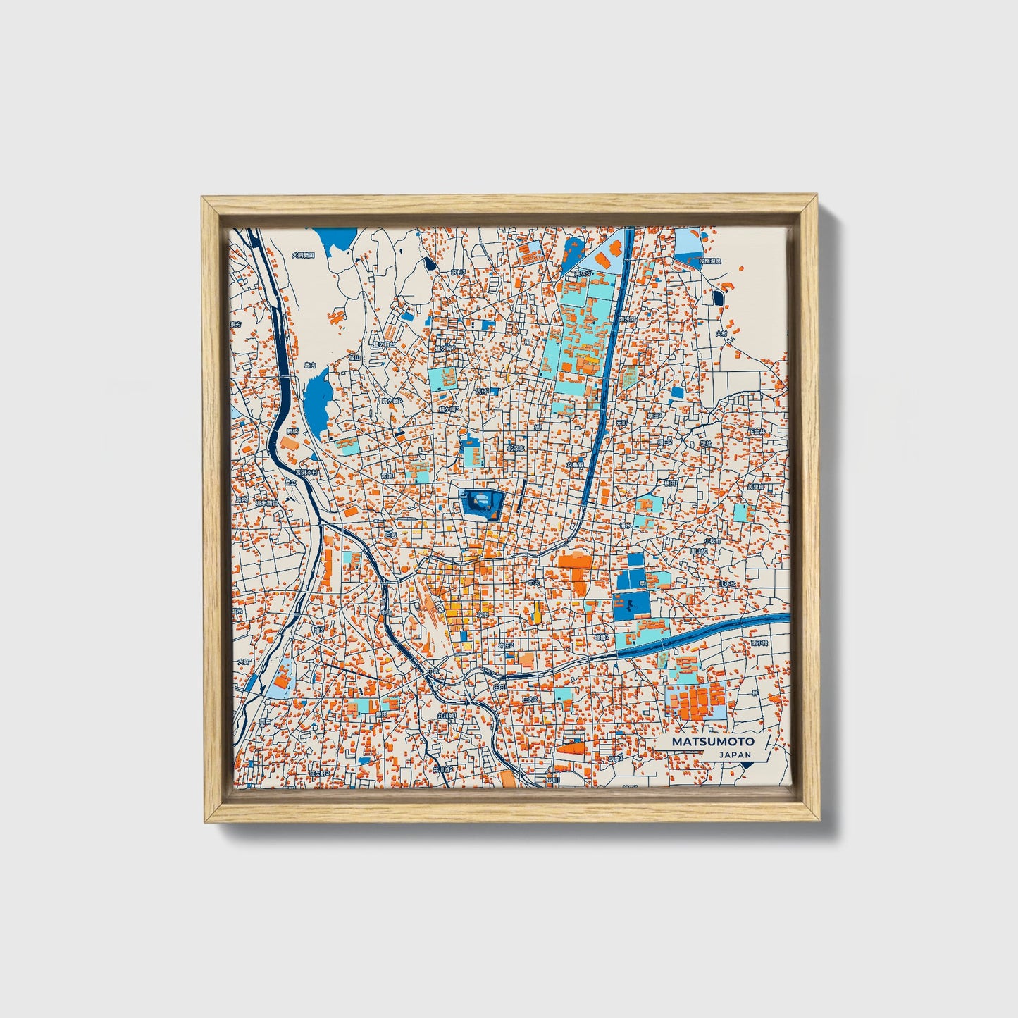 Matsumoto Japan Colorful City Map Canvas Print • Natural Wooden Framed