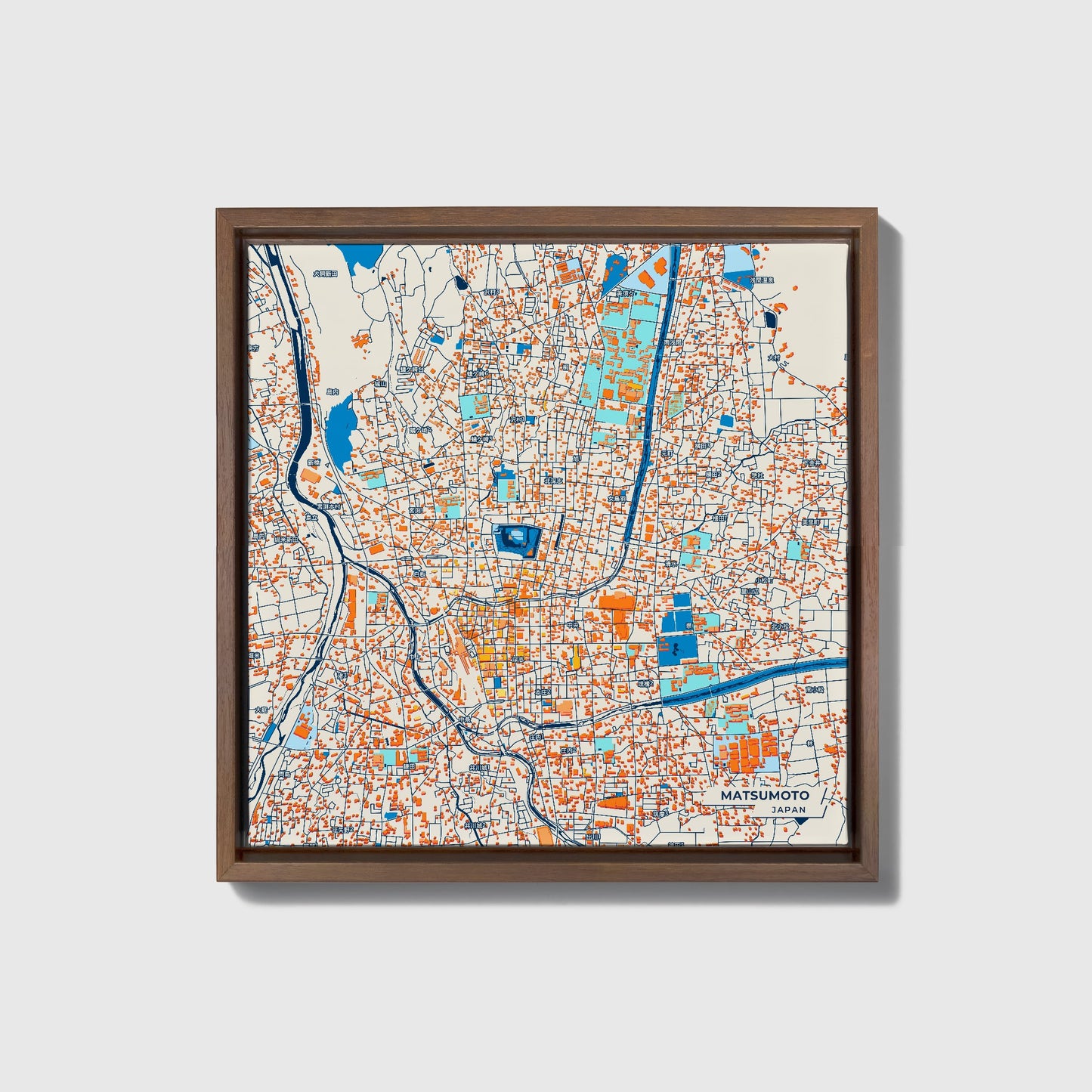 Matsumoto Japan Colorful City Map Canvas Print • Dark Wooden Framed