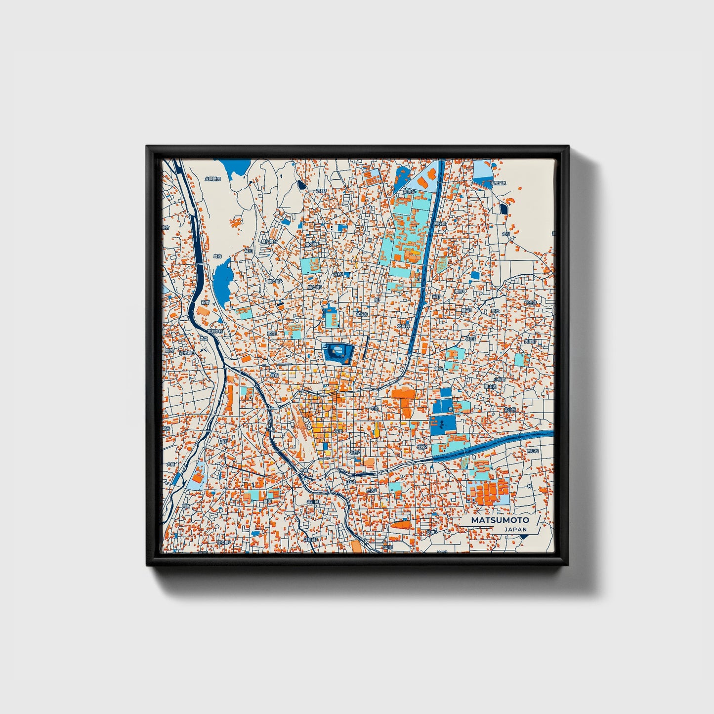 Matsumoto Japan Colorful City Map Canvas Print • Black Framed