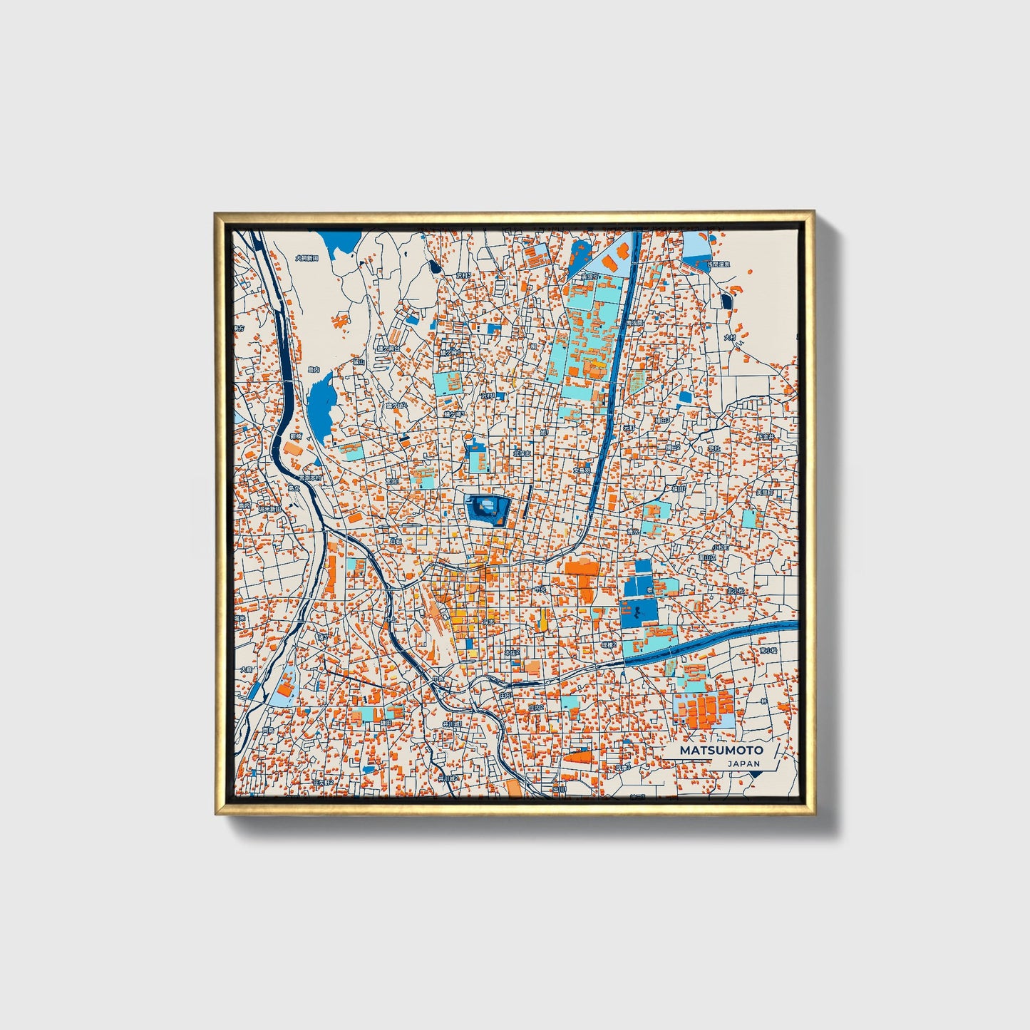 Matsumoto Japan Colorful City Map Canvas Print • Gold Framed