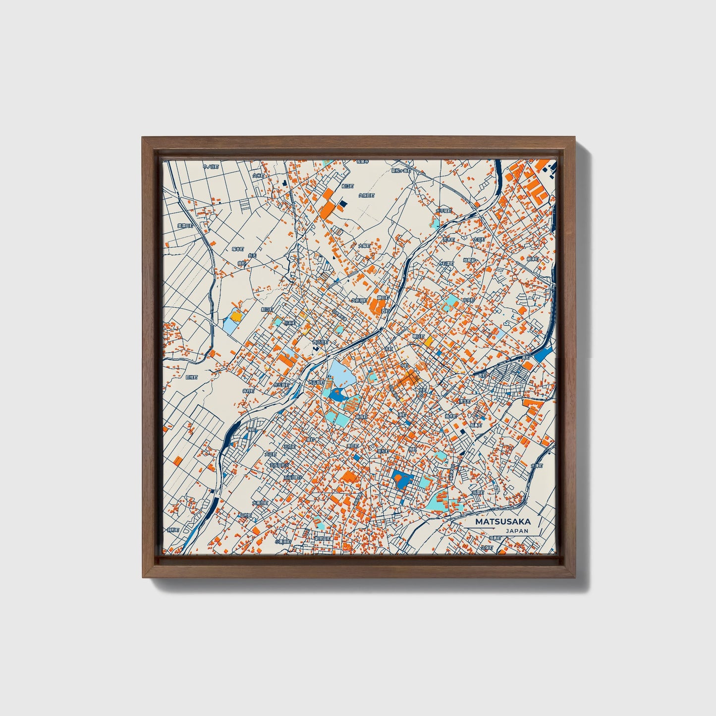 Matsusaka Japan Colorful City Map Canvas Print • Dark Wooden Framed