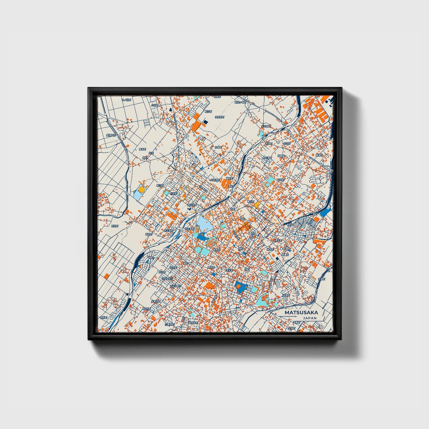Matsusaka Japan Colorful City Map Canvas Print • Black Framed