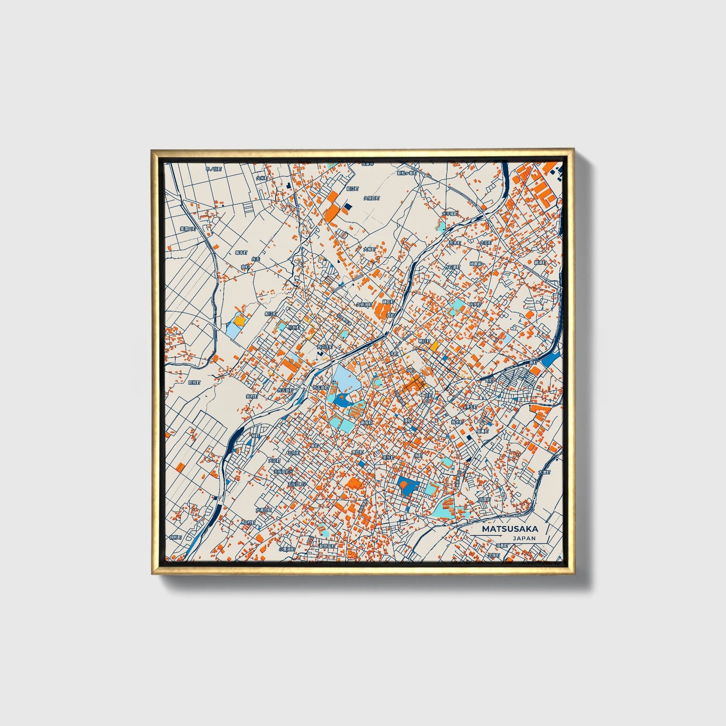 Matsusaka Japan Colorful City Map Canvas Print • Gold Framed